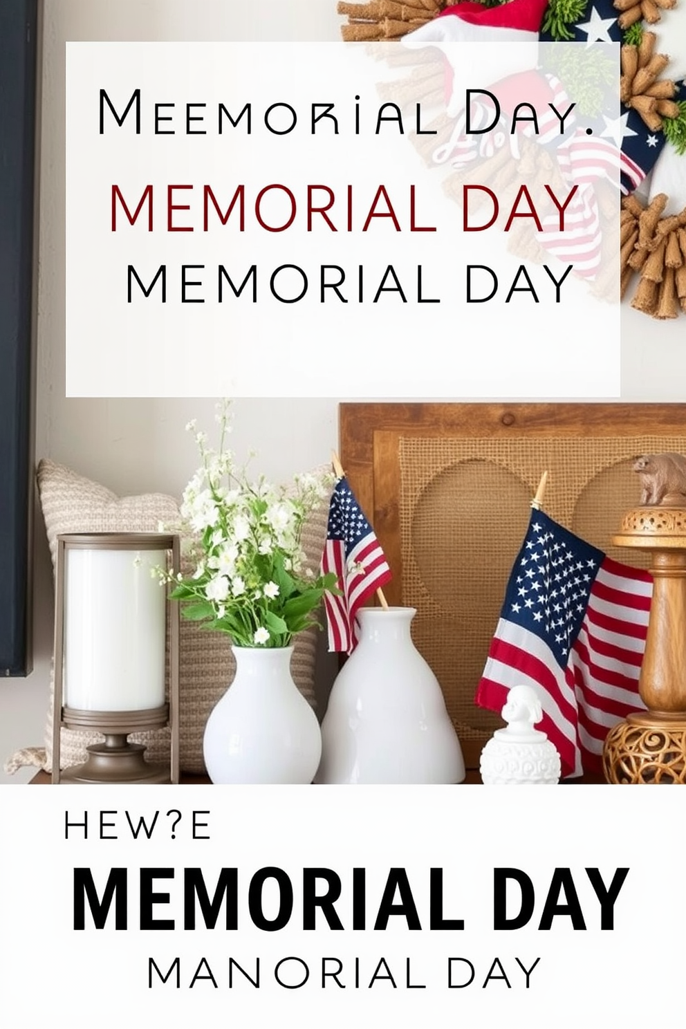 A cozy living room mantel adorned with rustic wooden crates filled with seasonal decor items. The crates are arranged in a staggered formation, showcasing red, white, and blue accents for a festive Memorial Day theme.