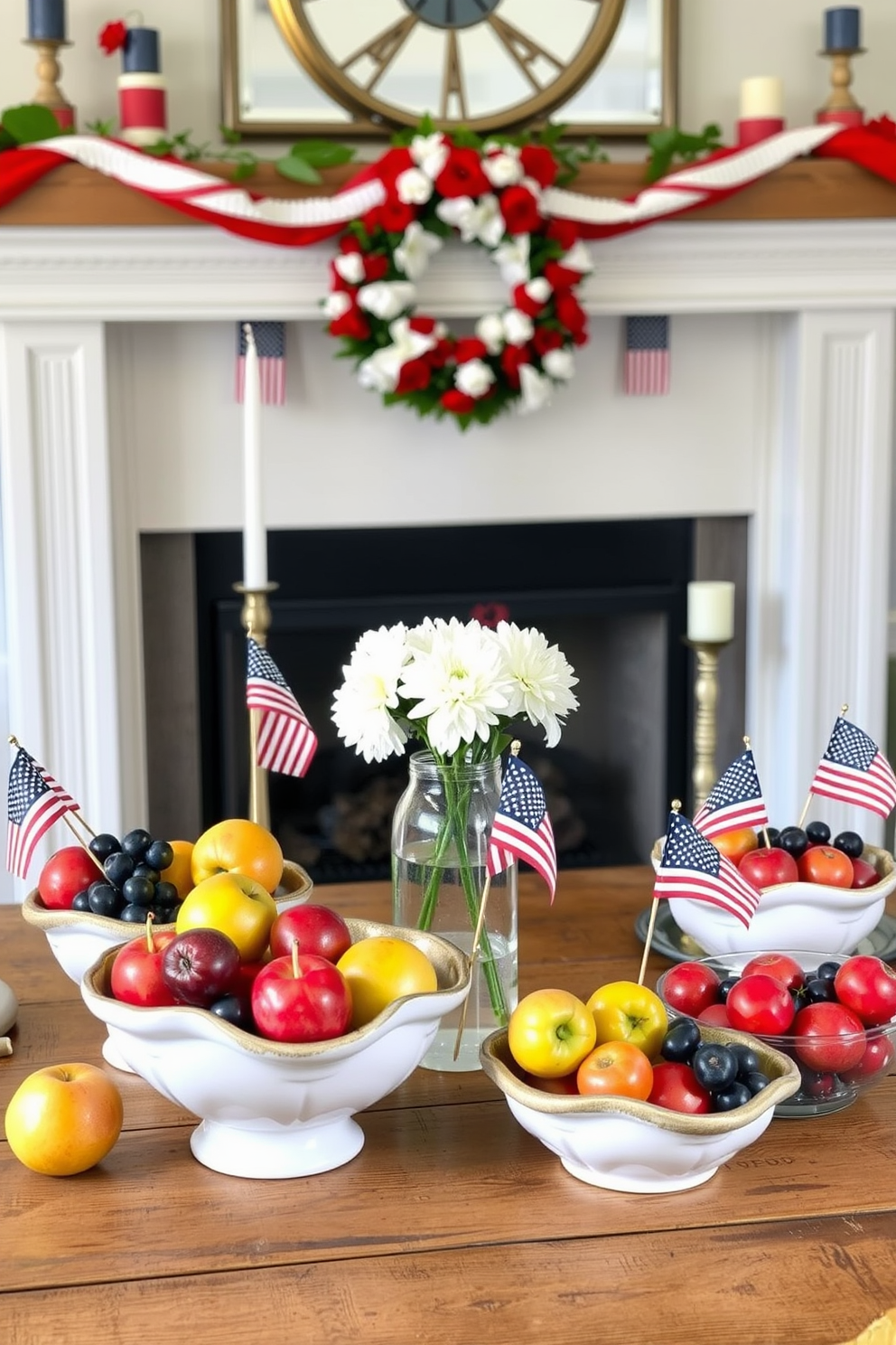 A collection of seasonal fruits in vibrant colors is artistically arranged in decorative bowls made of ceramic and glass. The bowls are placed on a rustic wooden table, creating a warm and inviting atmosphere. The mantel is elegantly decorated for Memorial Day with red white and blue accents. Fresh flowers in a glass vase are complemented by small American flags and candles in varying heights.