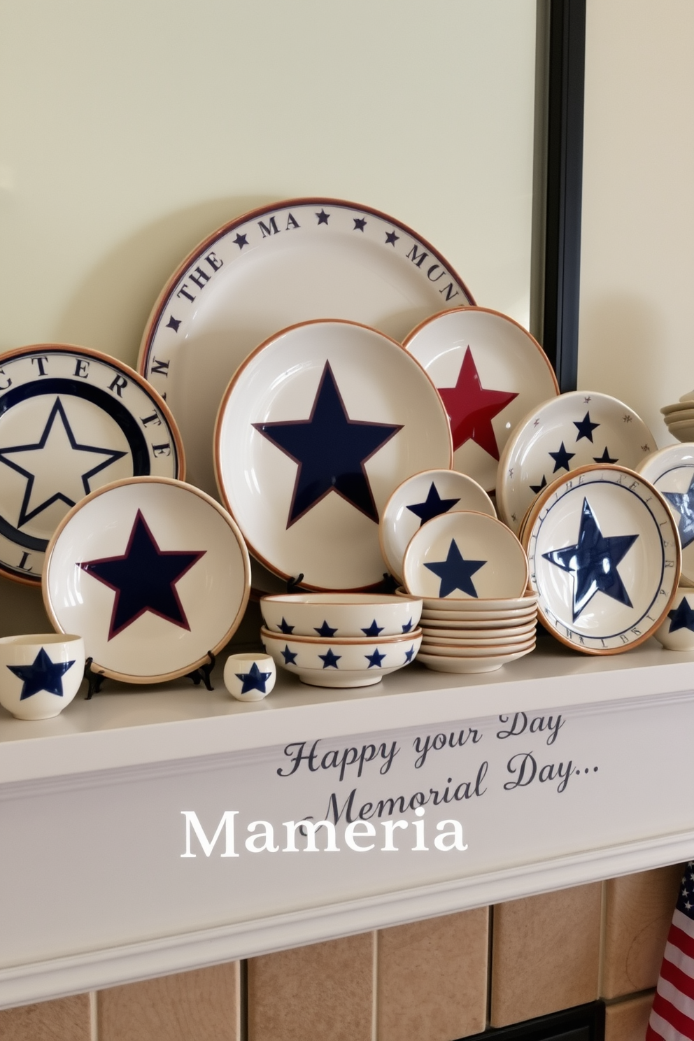 Ceramic dishes with intricate star patterns are artfully arranged on a mantel, celebrating the spirit of Memorial Day. The display features a mix of sizes and colors, creating a visually appealing focal point that honors the occasion.