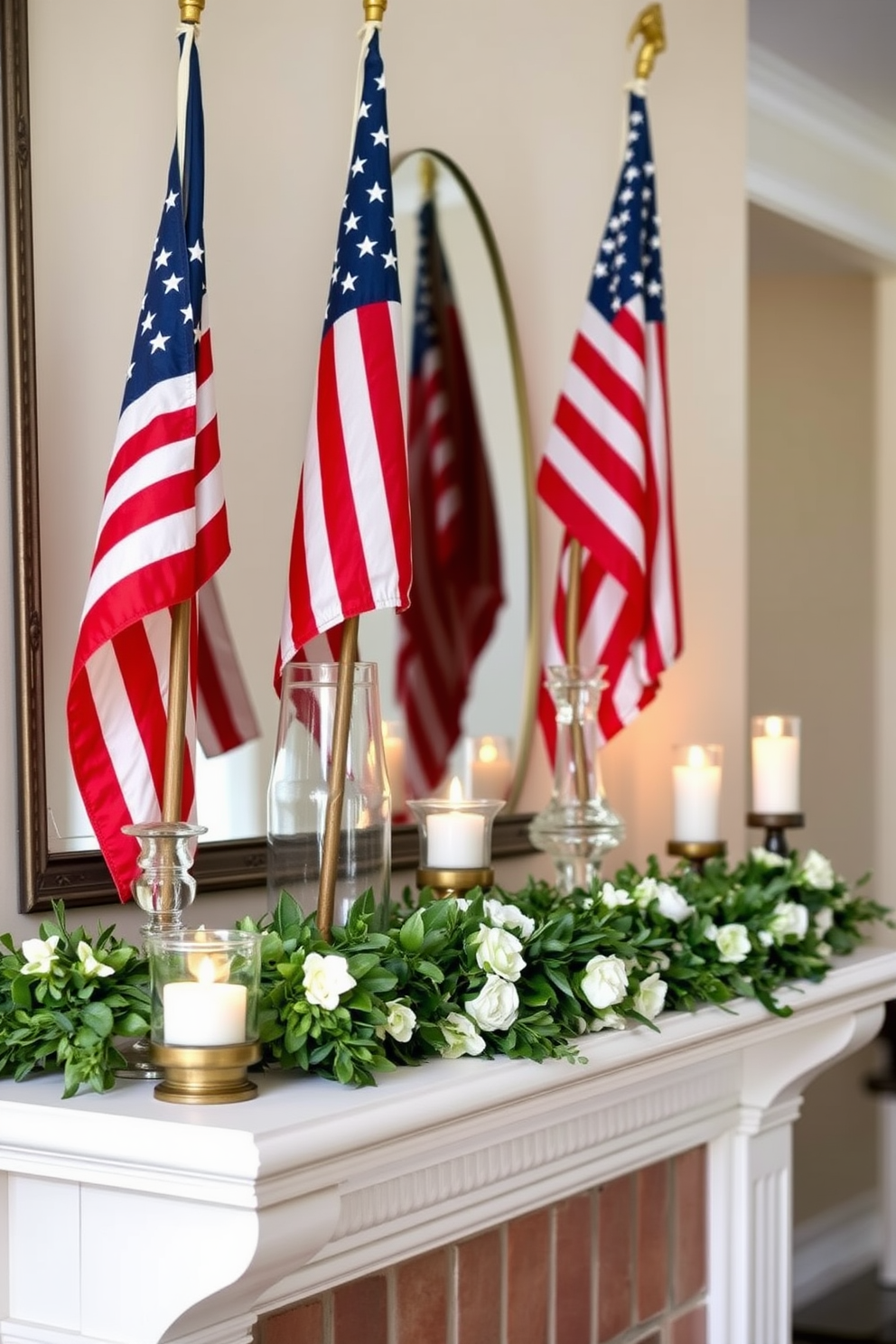 Vintage American flags are displayed in elegant glass vases on the mantel, creating a patriotic and nostalgic atmosphere. The vases vary in height and style, adding visual interest and charm to the decor. Surrounding the flags, a garland of fresh greenery and white flowers enhances the festive look for Memorial Day. Soft candlelight illuminates the scene, casting a warm glow that invites reflection and celebration.