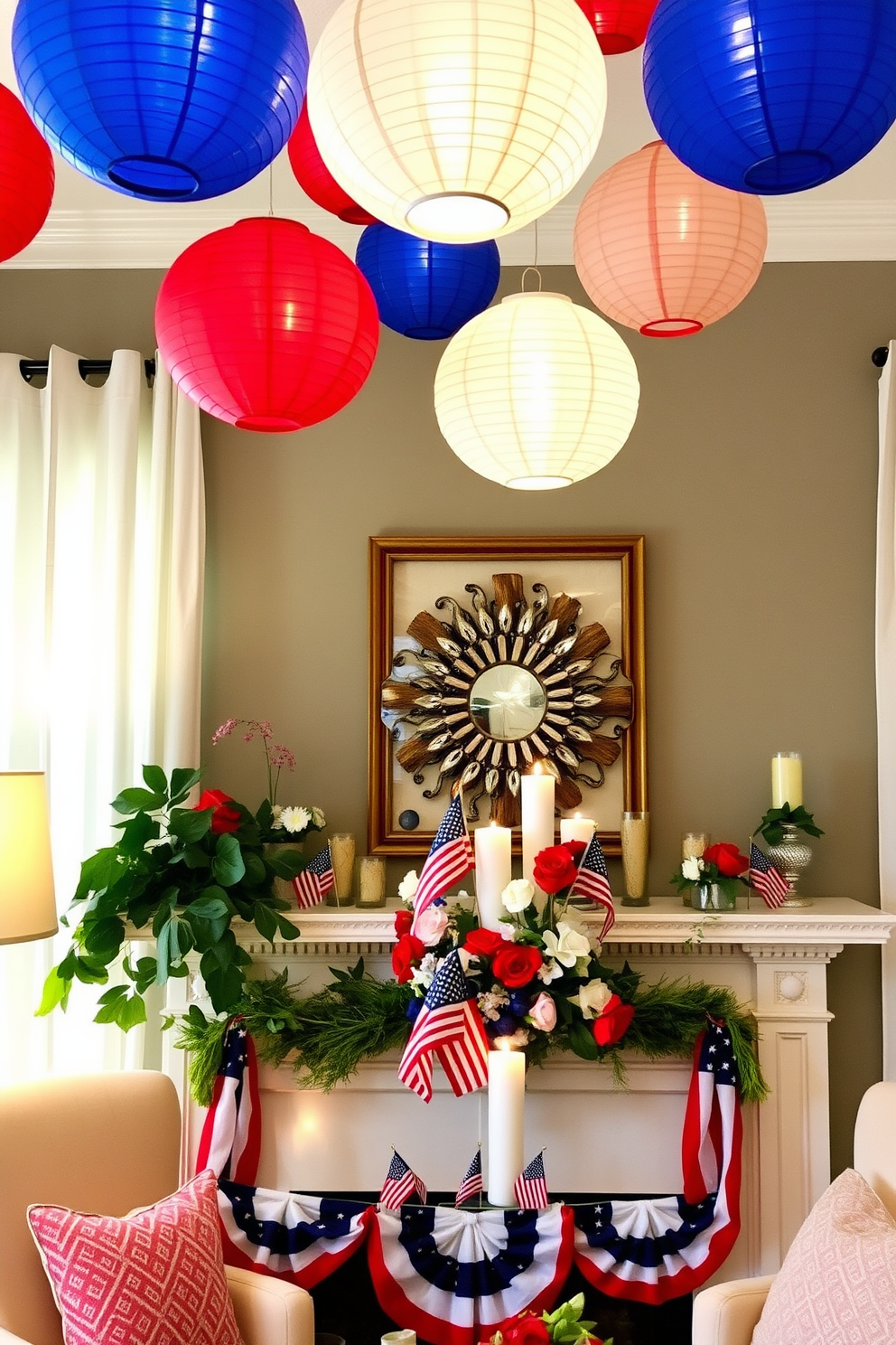 A cozy living room setting adorned with hanging paper lanterns in festive colors. The lanterns are suspended from the ceiling, casting a warm and inviting glow throughout the space. The mantel is beautifully decorated for Memorial Day, featuring a mix of red, white, and blue elements. A collection of small flags, candles, and seasonal flowers create a patriotic centerpiece that enhances the festive atmosphere.