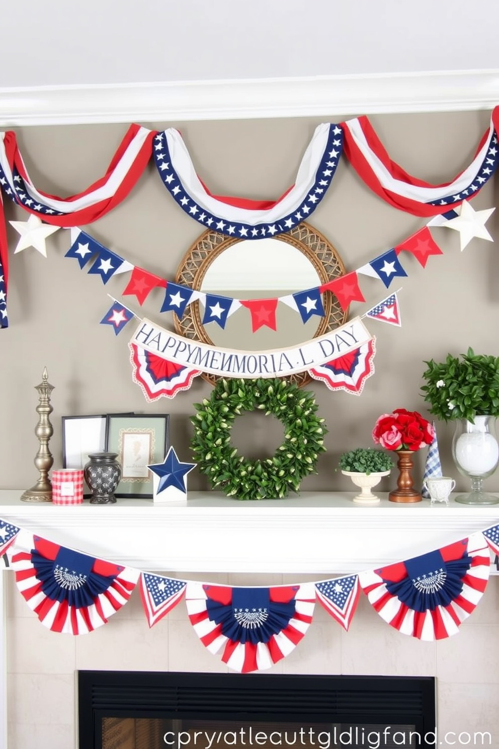 A festive mantel adorned with stars and stripes bunting celebrating Memorial Day. The bunting drapes elegantly across the mantel, complemented by red white and blue decorative accents.