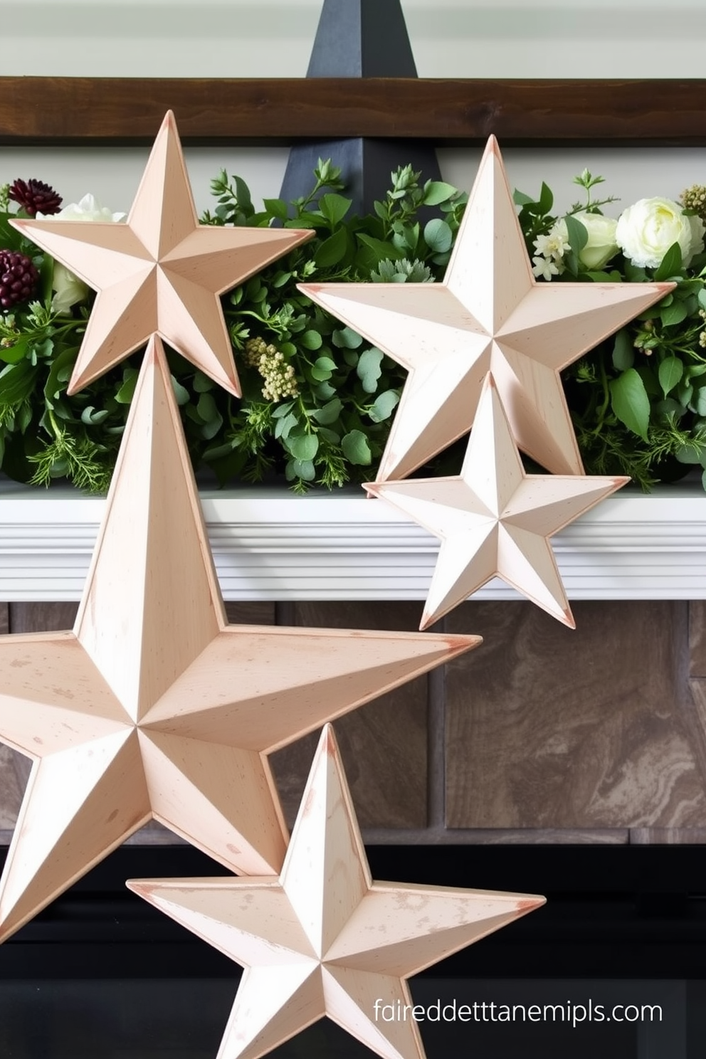 Create a cozy and inviting mantel display for Memorial Day featuring rustic wooden stars in various sizes. Arrange the stars against a backdrop of soft greenery and seasonal flowers to enhance the natural look.