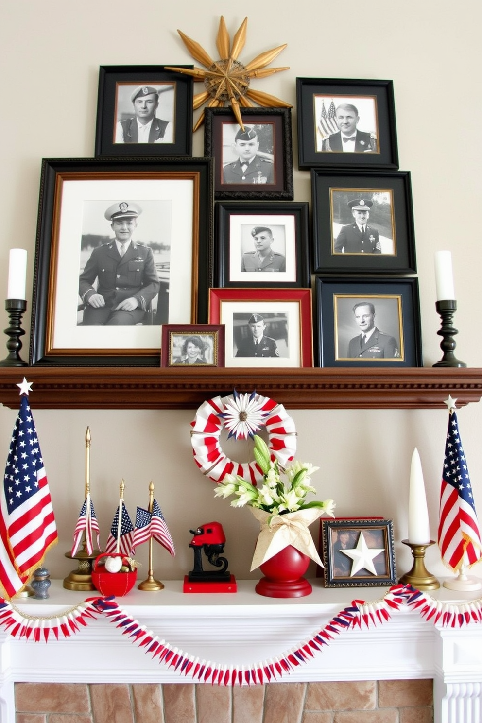 Framed family military photos are elegantly arranged on the mantel, showcasing a proud heritage. Surrounding the photos are patriotic decorations featuring red white and blue accents to honor Memorial Day.