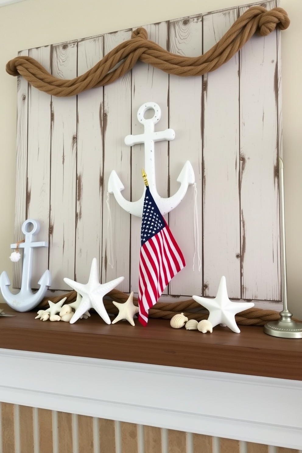 A cozy mantel decorated for Memorial Day features nautical elements like ropes and anchors. The backdrop is a weathered wood panel, and the mantel is adorned with a collection of starfish and seashells alongside a small American flag.