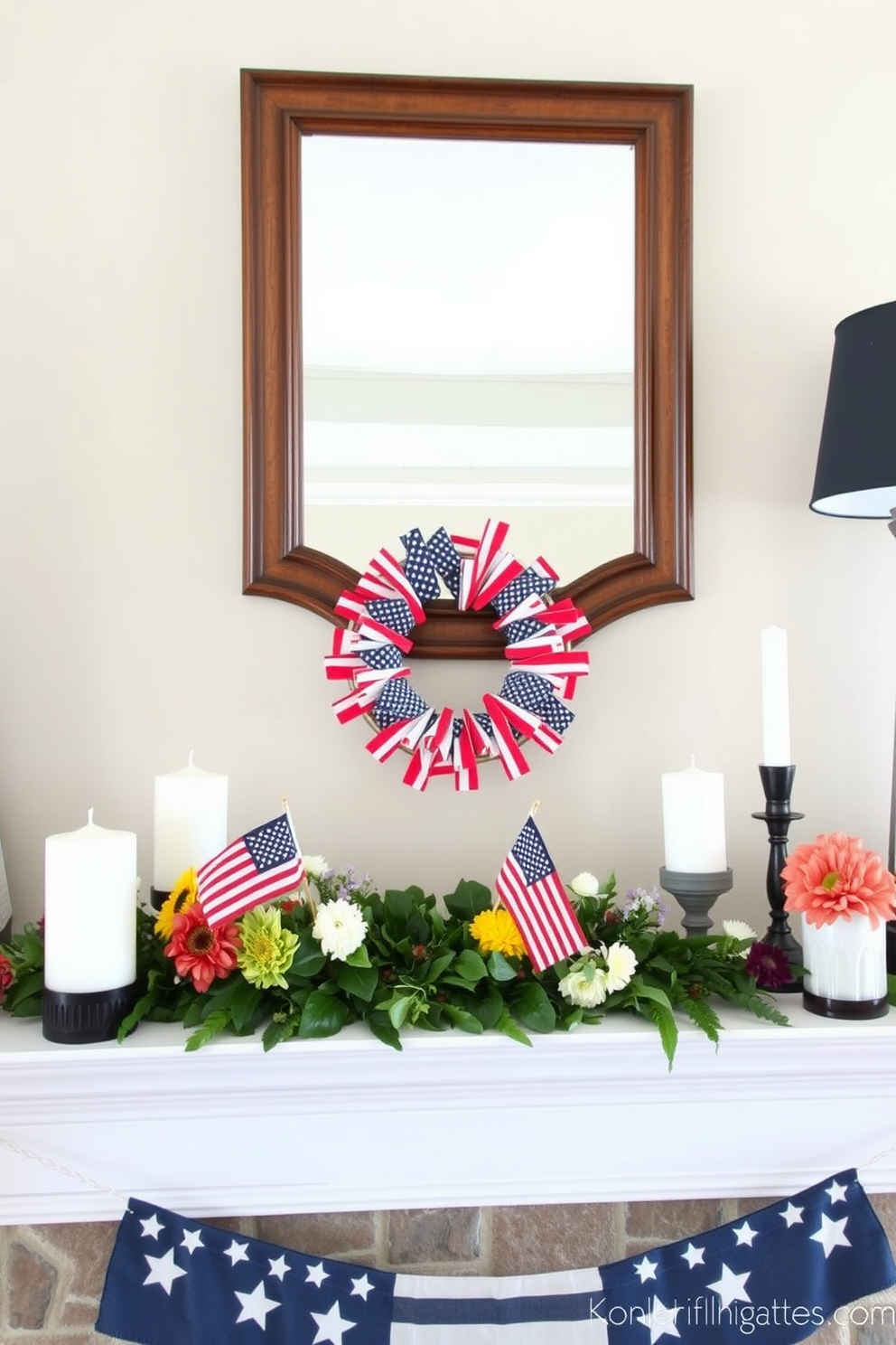 A charming mantel decorated for Memorial Day features a miniature flag wreath as the focal point. The wreath is crafted from small flags arranged in a circular pattern, surrounded by seasonal flowers and candles.