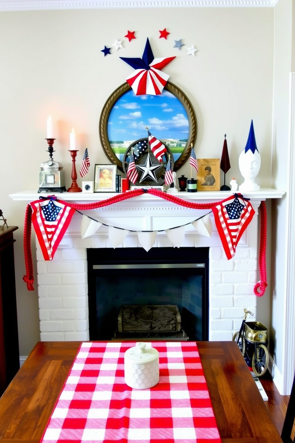 A beautifully arranged mantel features a quilted table runner in a vibrant red, white, and blue theme. The runner is adorned with stars and stripes, complemented by decorative candles and a small potted plant for a festive touch.