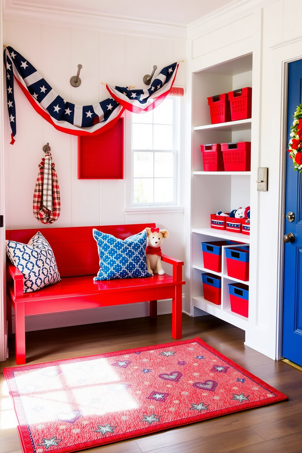 Patriotic throw pillows adorn a rustic wooden bench, adding a festive touch for Memorial Day celebrations. The bench is placed against a backdrop of shiplap walls painted in soft white, creating a warm and inviting atmosphere. In the mudroom, a vibrant red, white, and blue color scheme enhances the decor, with decorative stars and stripes elements incorporated throughout. A woven basket filled with summer essentials sits beside the bench, completing the patriotic look.