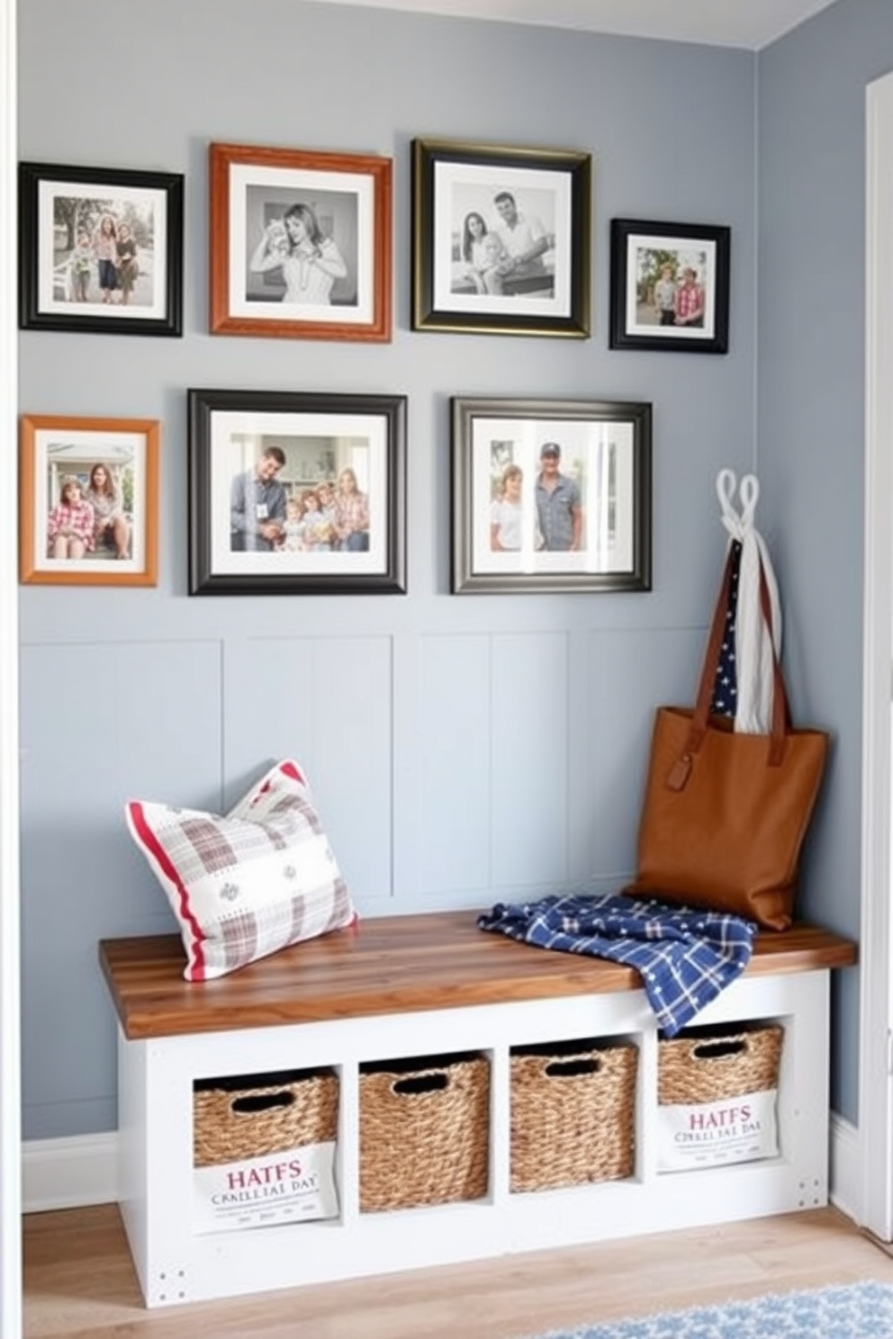 A cozy mudroom adorned with framed photos capturing cherished Memorial Day memories. The walls are painted in a soft blue hue, and a rustic bench with storage underneath provides a welcoming touch.