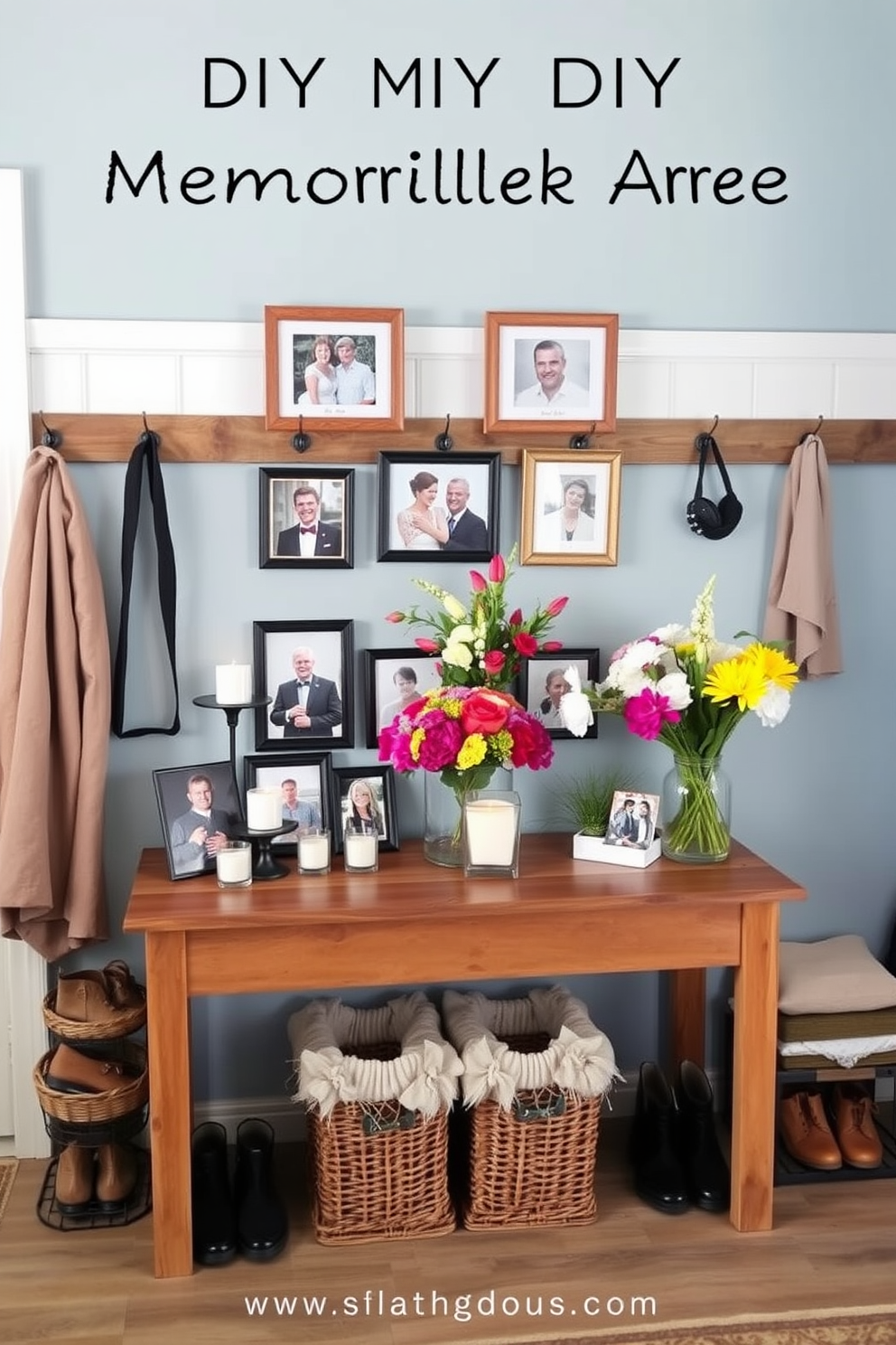 A heartfelt DIY memorial tribute display area featuring a rustic wooden table adorned with framed photographs of loved ones. Surrounding the table are candles in glass holders and a variety of fresh flowers, creating a serene and respectful atmosphere. A welcoming mudroom decorated with a combination of hooks for coats and baskets for shoes. The walls are painted in a soft blue color, and a bench with plush cushions provides a comfortable spot to sit while putting on or taking off footwear.