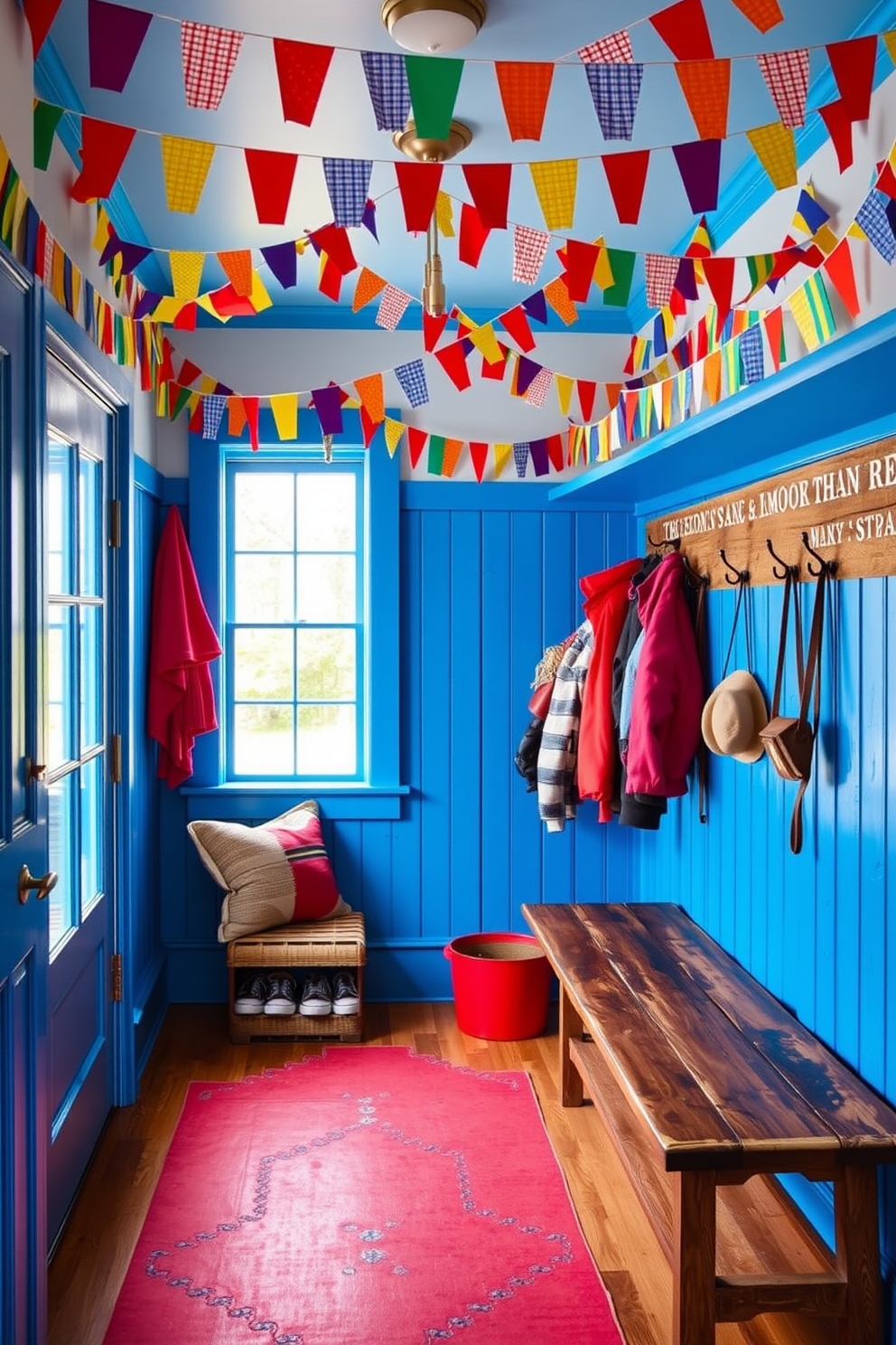 A vibrant mudroom filled with colorful bunting hanging along the walls creates a festive atmosphere. The space features a combination of bright blue and red accents, with a rustic wooden bench and hooks for hats and jackets.