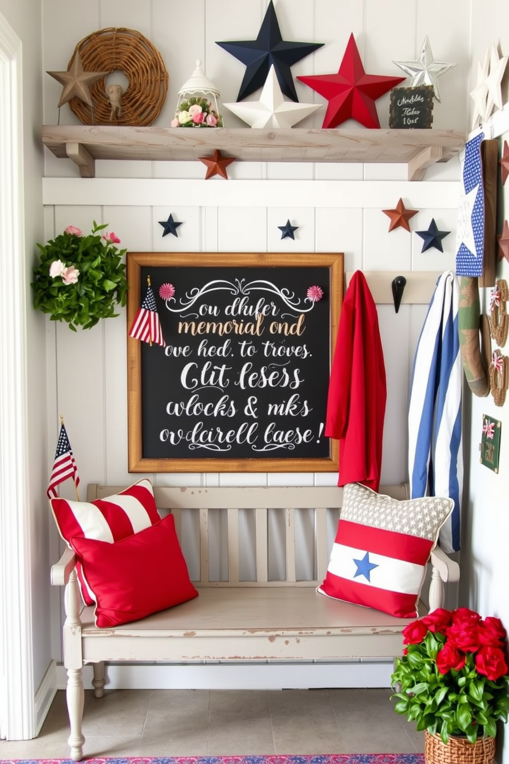 Chalkboard sign with patriotic quotes displayed prominently in a rustic frame. The sign features elegant lettering in white against a black background, surrounded by seasonal flowers and small American flags. Memorial Day mudroom decorated with red, white, and blue accents. The space includes a vintage bench, patriotic throw pillows, and a collection of stars and stripes decor hanging on the walls.