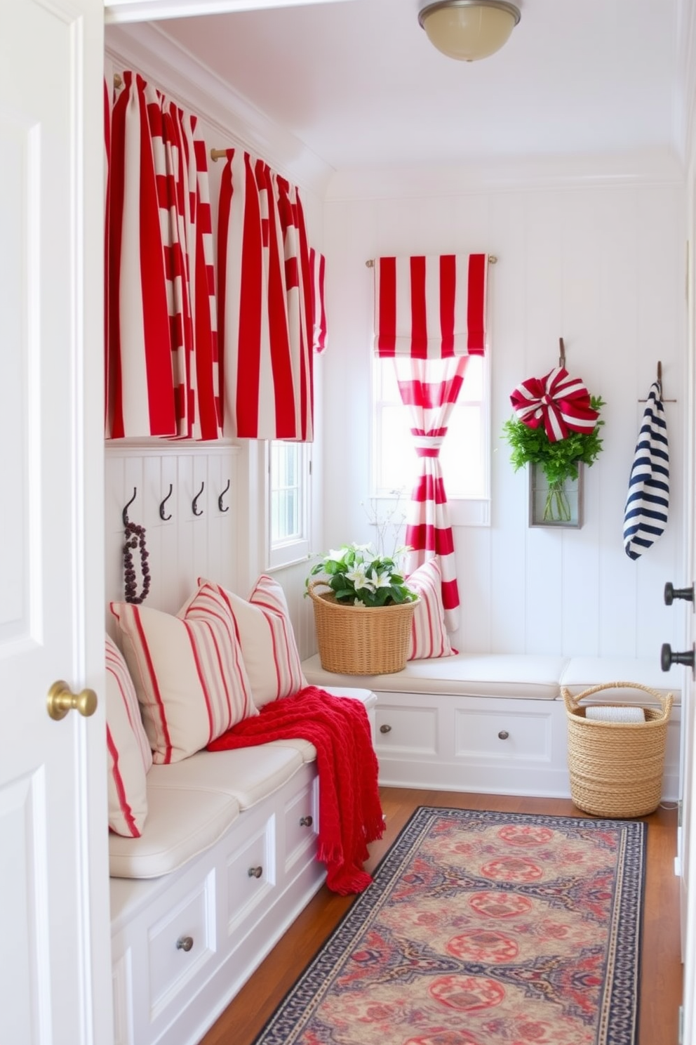 A cozy mudroom decorated for Memorial Day features decorative hooks made of rustic wood, perfect for hanging hats and bags. The walls are adorned with patriotic-themed artwork, and a woven basket sits on the floor for storing shoes.