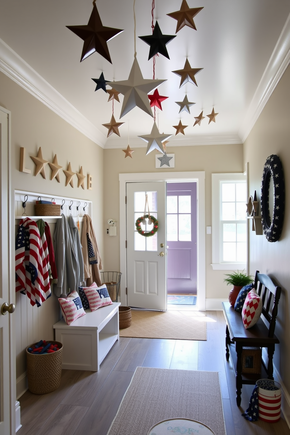 A welcoming mudroom features decorative stars hung from the ceiling, creating a festive atmosphere. The space is adorned with patriotic colors and accessories to celebrate Memorial Day, including red, white, and blue accents throughout the room.