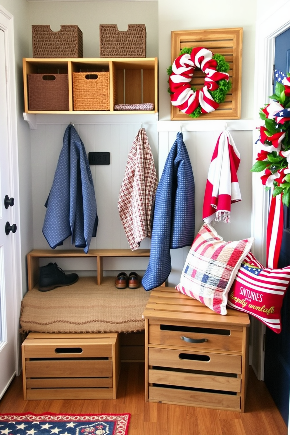 A cozy mudroom featuring wooden crates for shoe storage arranged neatly against the wall. The space is decorated with patriotic accents for Memorial Day, including red, white, and blue throw pillows and a festive wreath on the door.