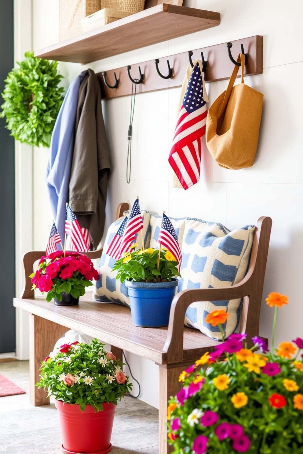 Miniature flags are placed in vibrant flower pots, creating a festive atmosphere for Memorial Day. The mudroom features a rustic bench with hooks above for hanging jackets, while the colorful flower pots add a cheerful touch to the space.