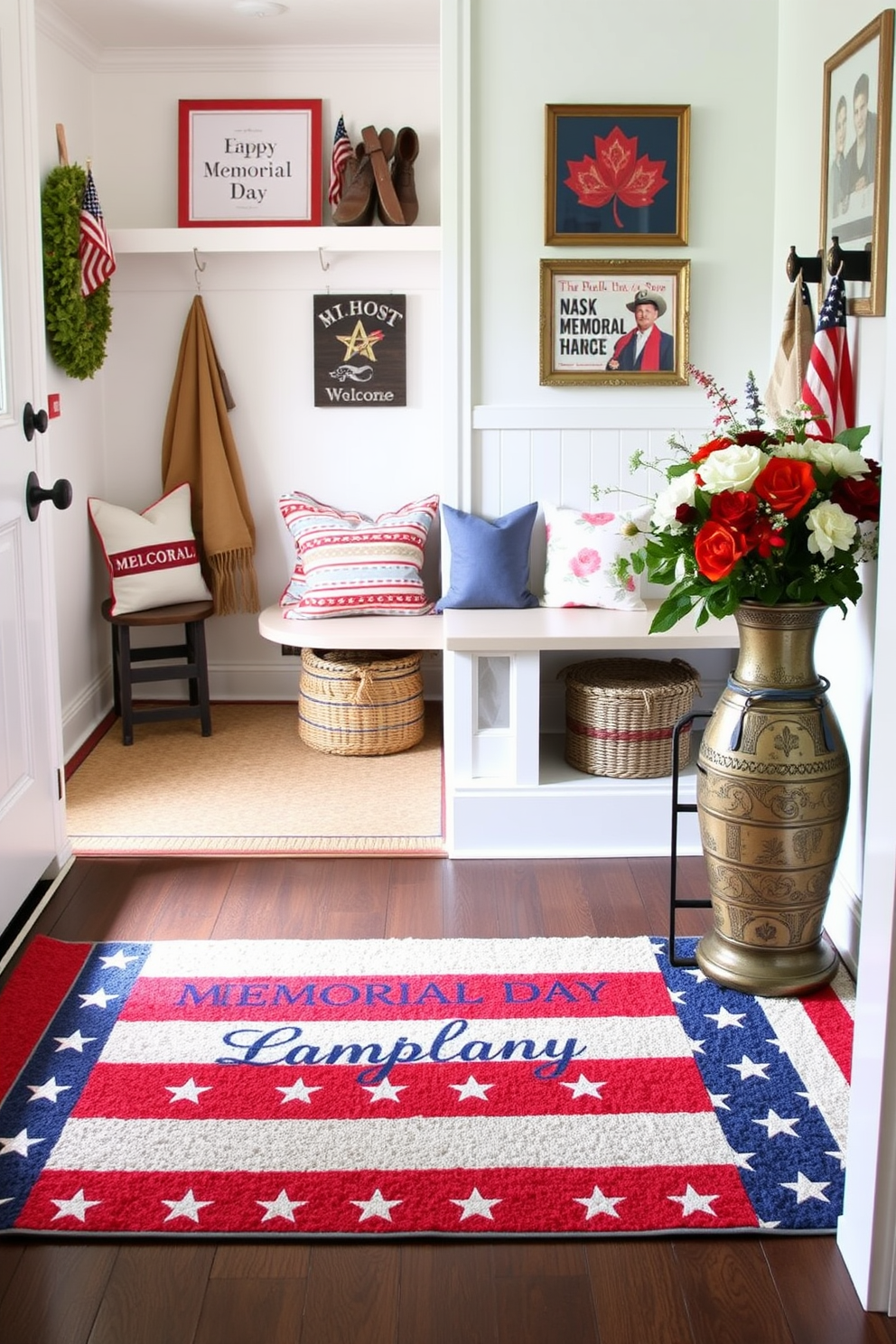 Create a cozy and functional mudroom featuring wooden crates used for shoe storage. The space should be decorated with patriotic elements to celebrate Memorial Day, incorporating red, white, and blue accents throughout.