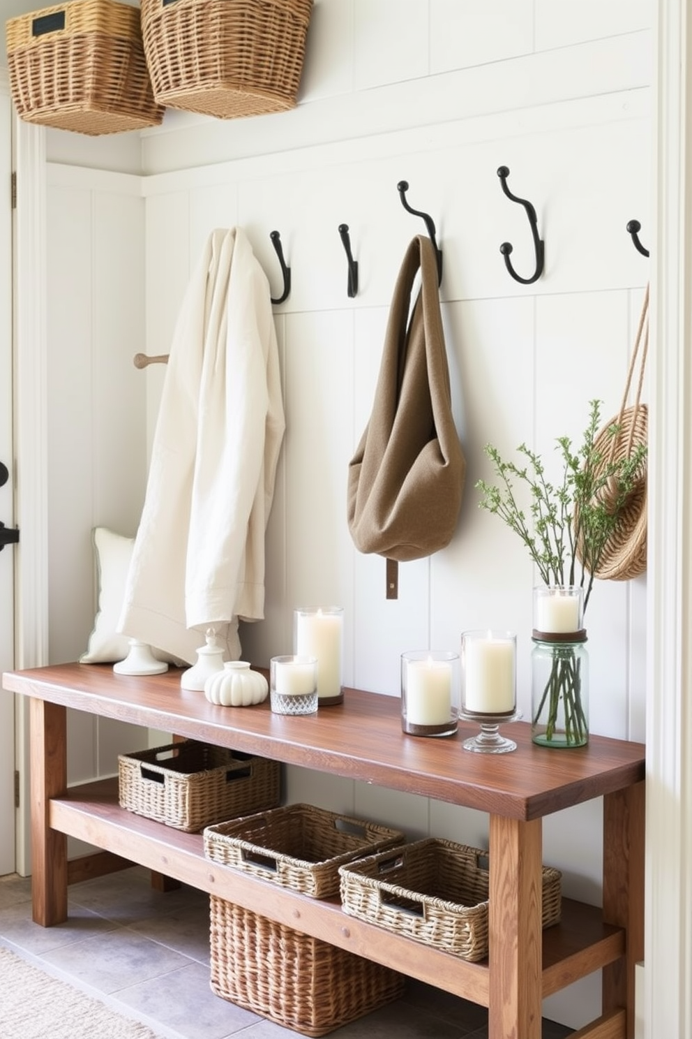 A stylish console table adorned with a flag-themed table runner that evokes a sense of patriotism. The runner features vibrant red, white, and blue colors, perfectly complementing decorative elements like a vase of fresh flowers and small American flags. In the mudroom, a cheerful and inviting atmosphere is created with festive decor for Memorial Day. The space showcases a combination of rustic hooks for hanging coats and a bench covered with a soft cushion in a coordinating flag pattern.