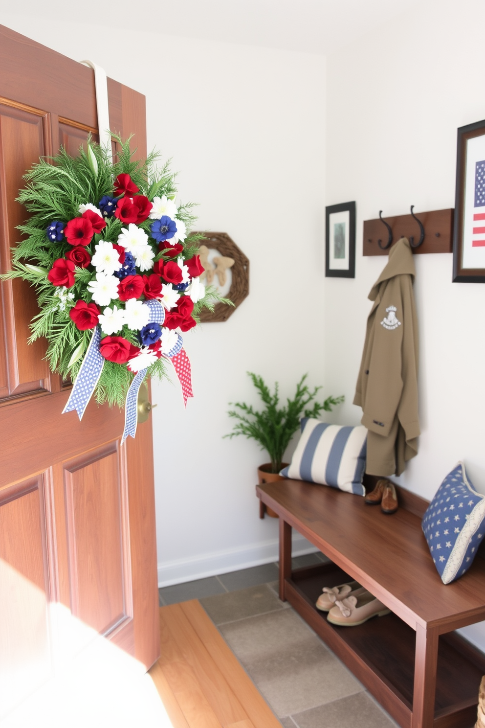 A red white and blue wreath adorns the front door, celebrating Memorial Day with vibrant colors and festive flair. The mudroom features a rustic bench with storage underneath, complemented by decorative pillows in patriotic patterns.