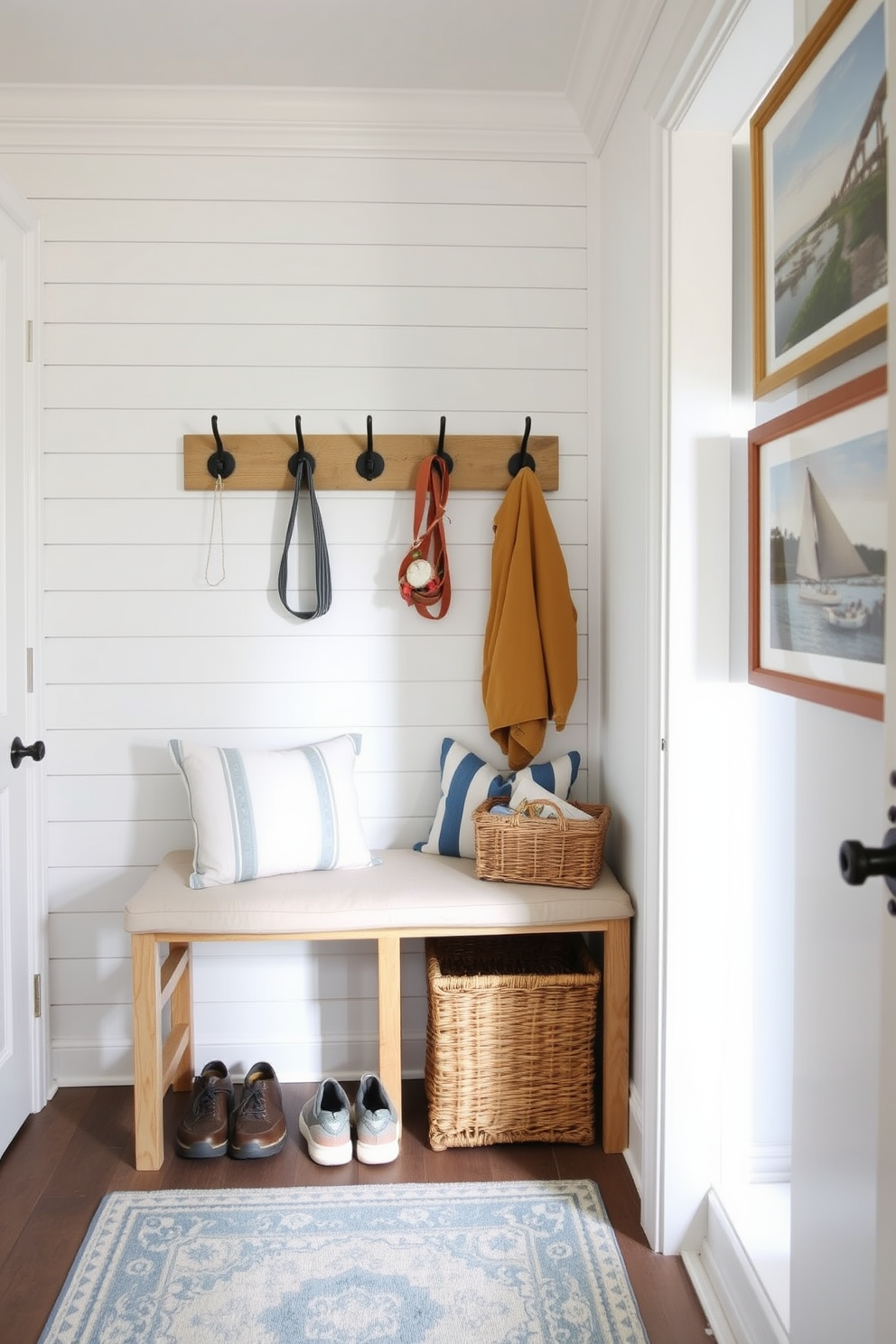 A beautifully arranged photo display on the wall features framed pictures of family members in military uniforms surrounded by patriotic decorations. The display is accented with red white and blue bunting and small flags to honor the spirit of Memorial Day. The mudroom is tastefully decorated with a rustic bench and hooks for coats adorned with red white and blue accents. A woven basket filled with seasonal decor sits beside the bench adding a festive touch to the space.