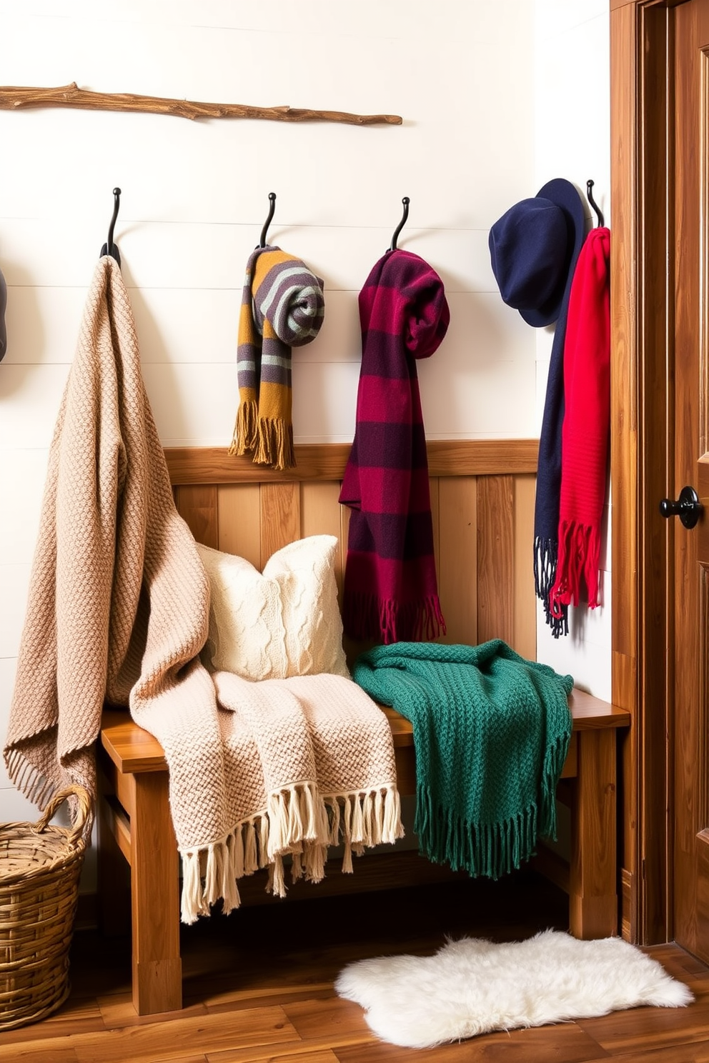 Layered textures create a warm and inviting atmosphere in the mudroom. Soft blankets and cozy throws are artfully arranged on a wooden bench, inviting comfort and style. The walls are painted in a soft cream color, complementing the natural wood elements. Decorative hooks display colorful hats and scarves, adding a playful touch to the space.