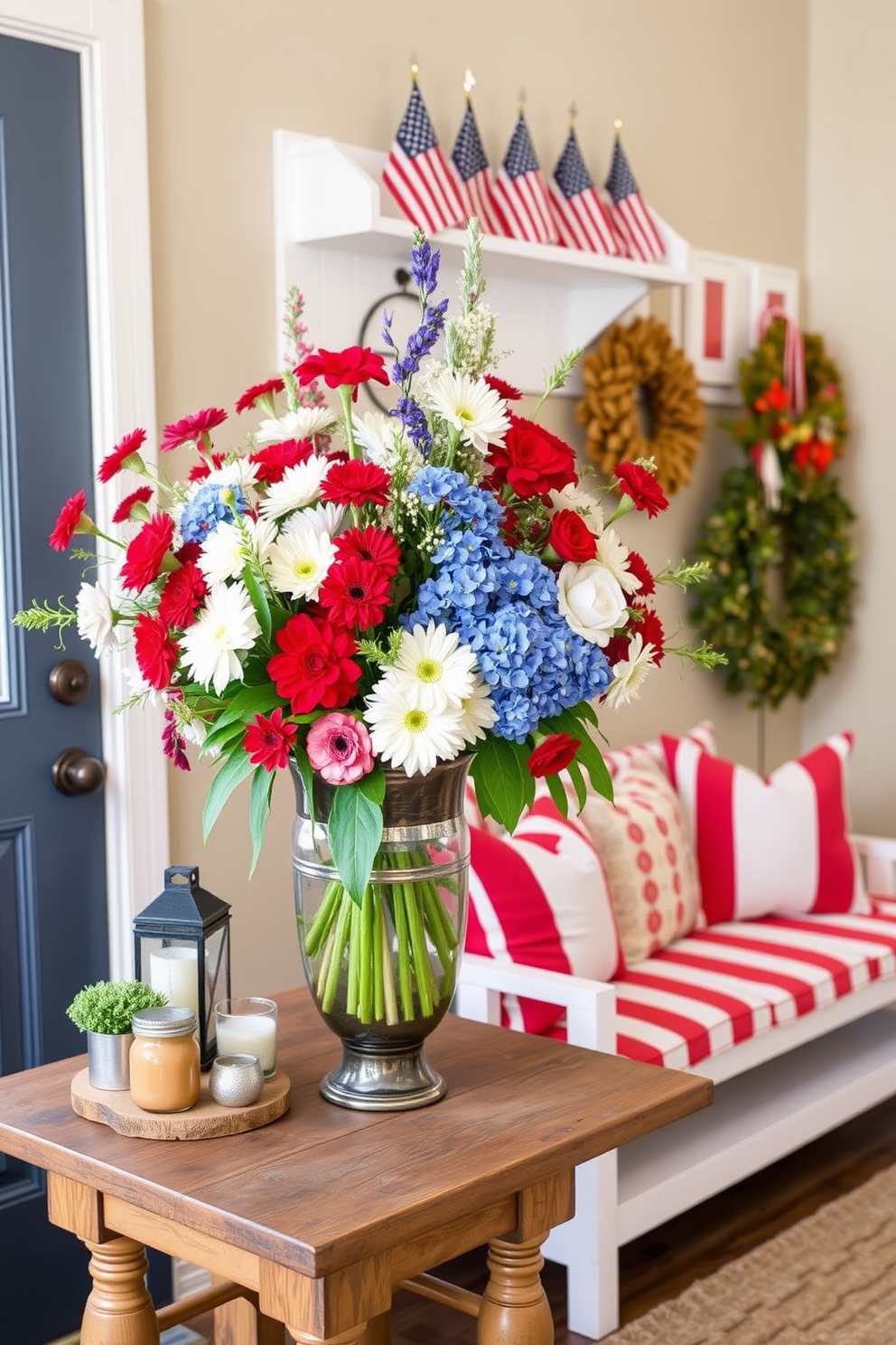 Brightly colored flower arrangements bring life and vibrancy to any space. A large vase filled with assorted blooms in shades of red, white, and blue sits on a rustic wooden table, surrounded by seasonal decorations. Memorial Day mudroom decorating ideas should reflect a patriotic theme. A stylish bench with red and white striped cushions is paired with a wall-mounted shelf displaying small American flags and seasonal wreaths.