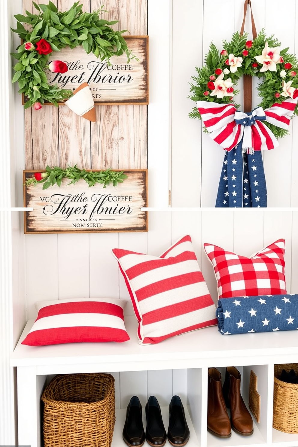 A patriotic themed wall clock features a bold red white and blue design with stars and stripes. It hangs prominently on the wall of a cozy mudroom adorned with seasonal decor for Memorial Day. The mudroom is filled with rustic charm showcasing a wooden bench with colorful throw pillows. Storage cubbies are neatly organized with red and blue baskets displaying decorative items that celebrate the holiday.