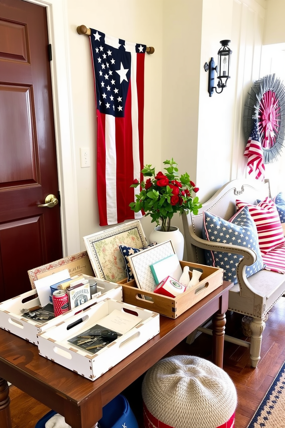 A mudroom featuring furniture painted in red, white, and blue evokes a festive Memorial Day spirit. The space includes a rustic bench with a vibrant blue finish, flanked by red and white storage cubbies for shoes and outdoor gear. Above the bench, a series of framed patriotic art pieces adorn the walls, adding a touch of Americana. A woven basket filled with seasonal decorations sits on the floor, completing the cheerful and welcoming atmosphere.