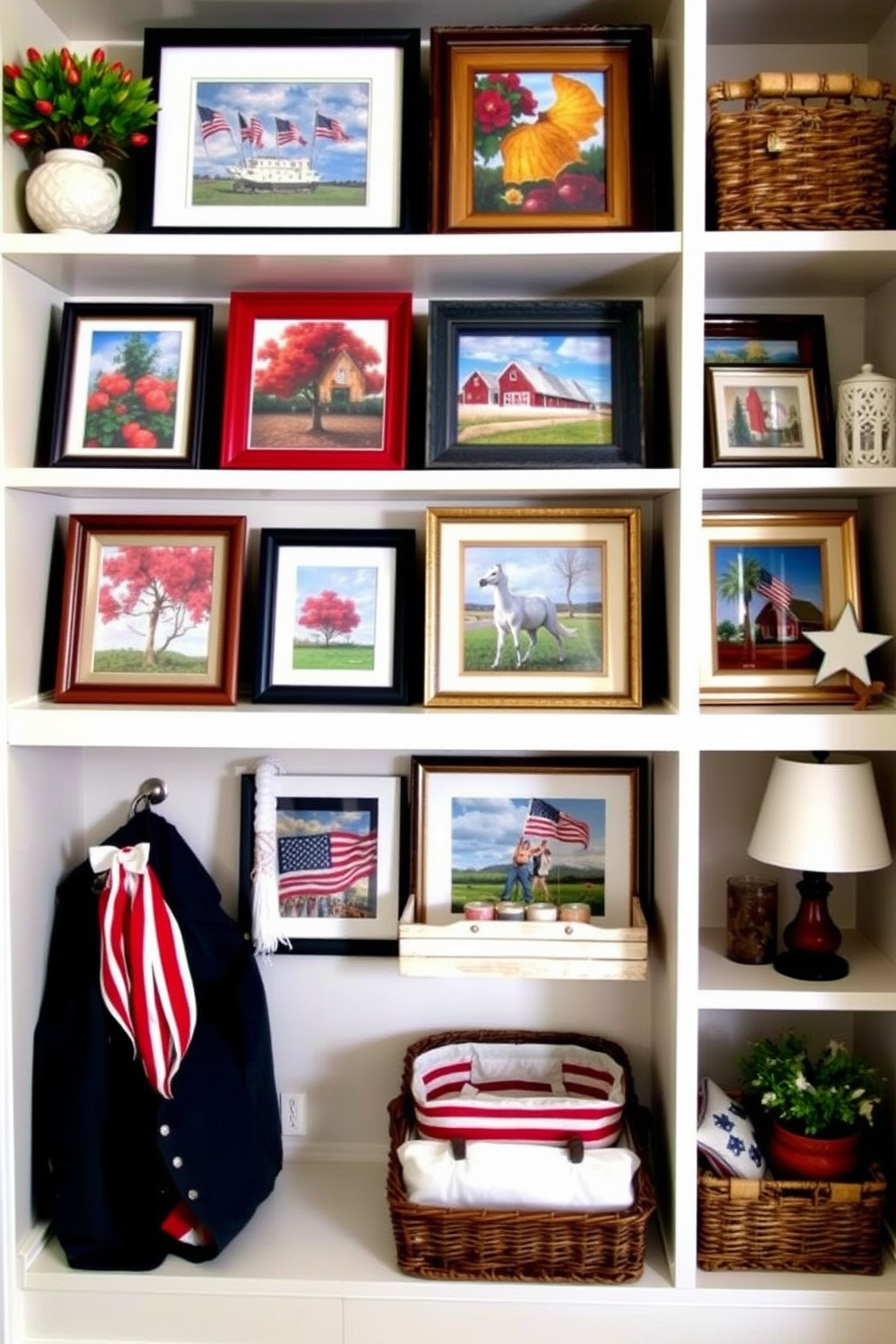 Seasonal artwork displayed on shelves creates a vibrant and inviting atmosphere. The shelves are filled with various framed pieces that reflect the colors and themes of each season. Memorial Day mudroom decorating ideas can incorporate patriotic colors and symbols. A mix of red, white, and blue accents, along with functional storage solutions, can enhance the space while honoring the occasion.