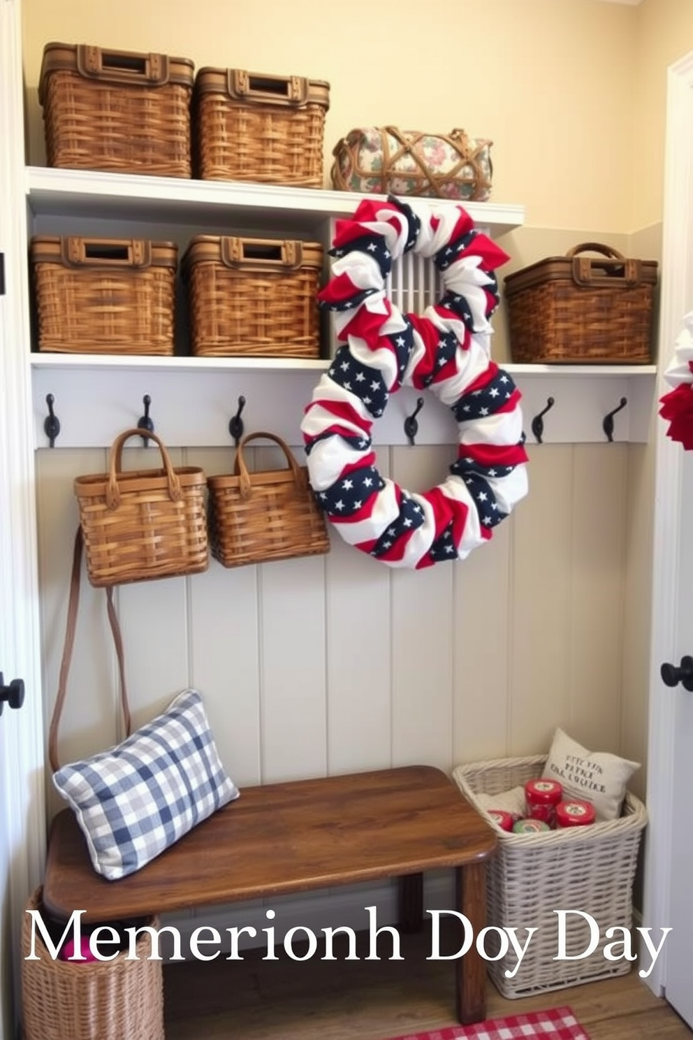 Decorative glass jars filled with various seashells are arranged on a rustic wooden shelf. The jars vary in size and shape, creating an interesting visual display that captures the essence of coastal living. In the mudroom, a welcoming atmosphere is created with soft pastel colors and nautical-themed decor. Hooks for coats and a bench with storage underneath provide both functionality and style, making it the perfect space for summer gatherings.