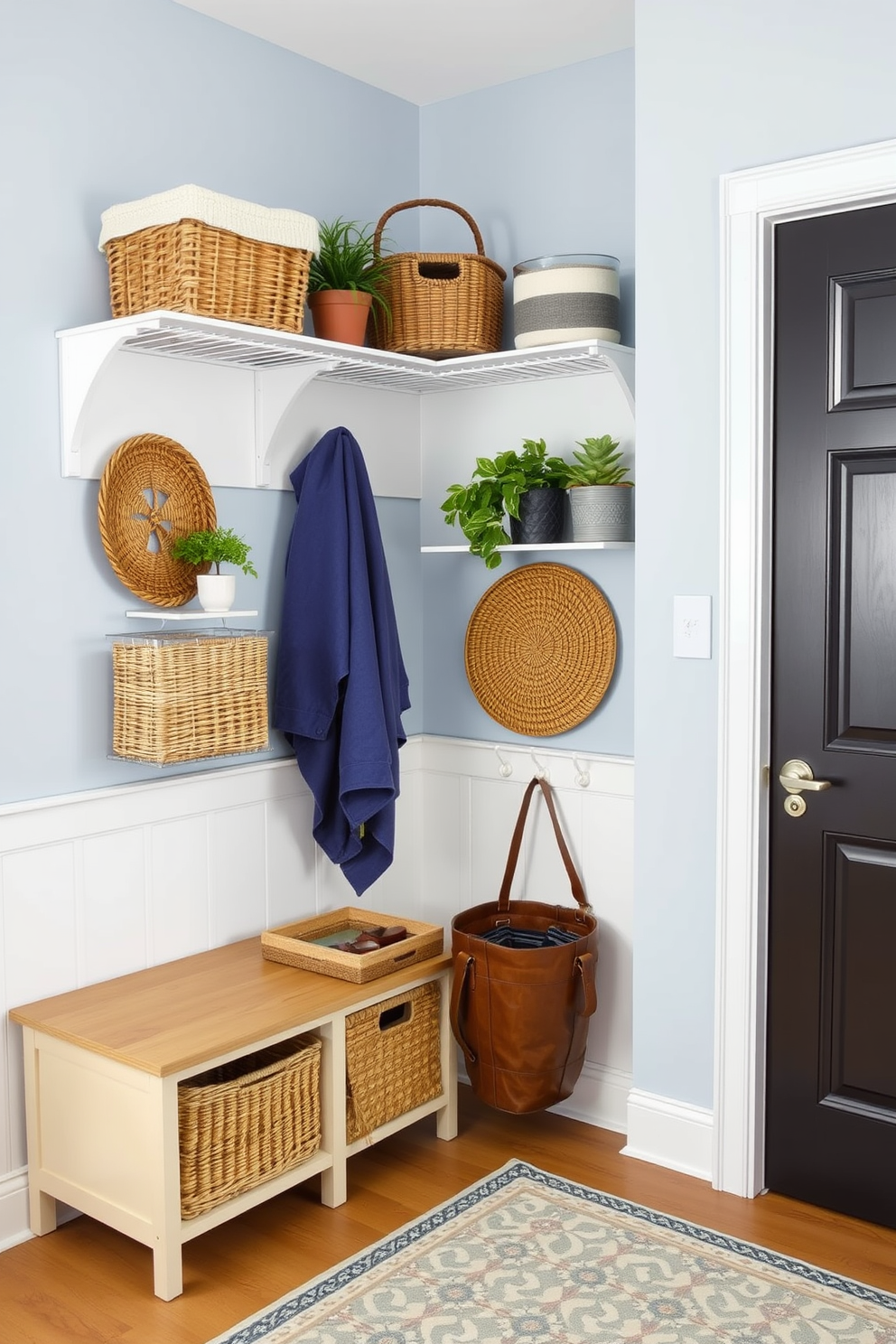 A functional mudroom features wall-mounted shelving for storage, showcasing a mix of decorative baskets and potted plants. The walls are painted a soft blue, while the floor is covered with a durable, patterned rug that adds a touch of style.