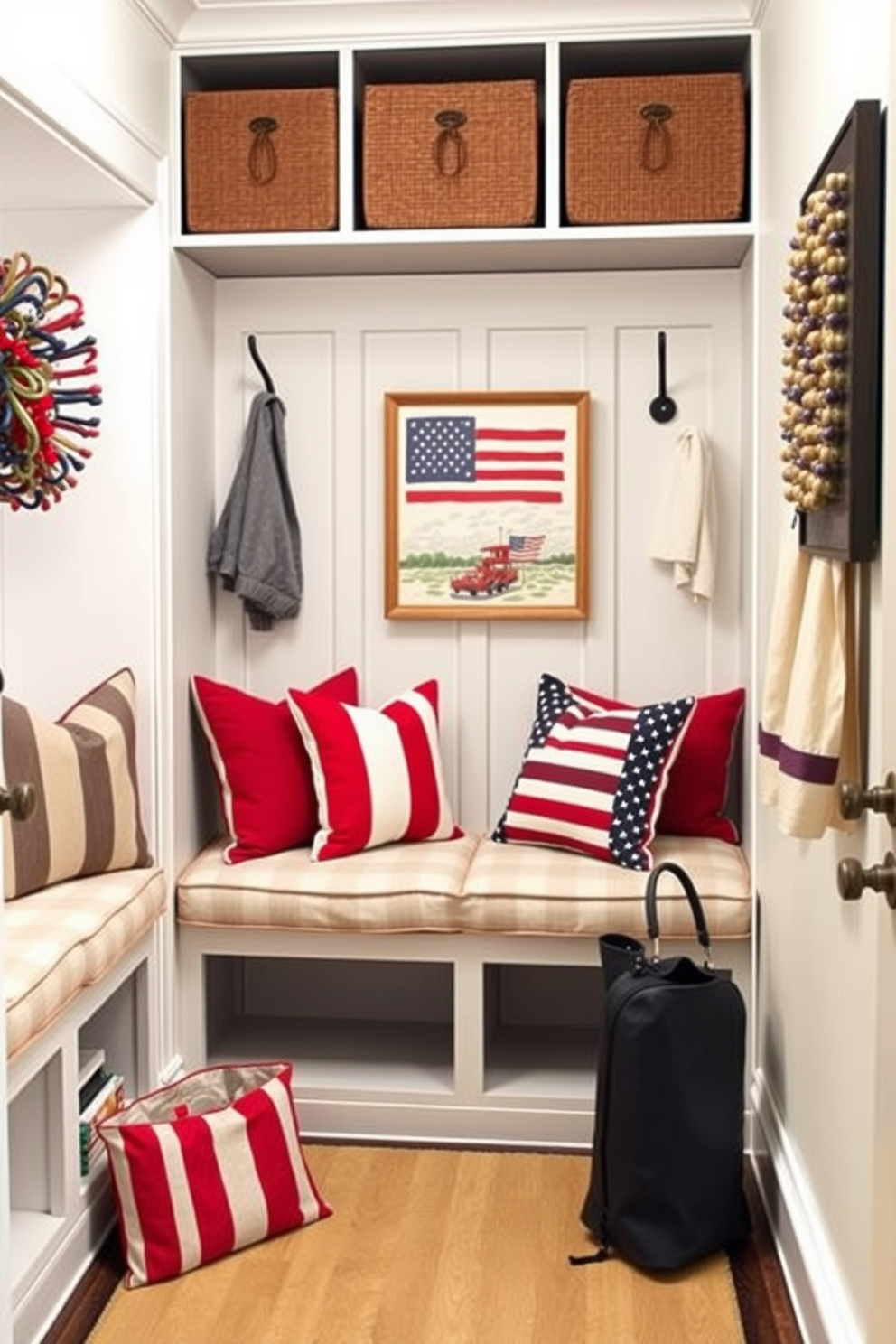 Cushioned seating for comfort in a welcoming mudroom. The seating area features plush cushions in a soft, neutral fabric, surrounded by built-in storage benches and hooks for coats and bags. Memorial Day mudroom decorating ideas that evoke a festive atmosphere. Incorporate red, white, and blue accents through decorative pillows and seasonal artwork, creating a cheerful space for guests to enter.