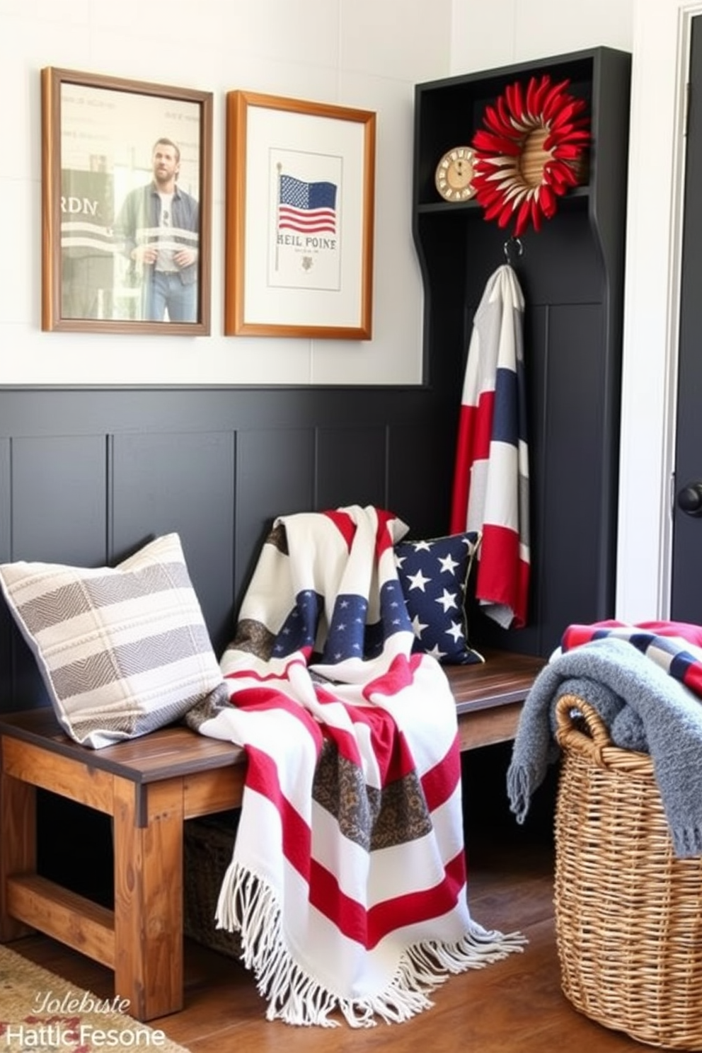 A cozy mudroom decorated for Memorial Day features seasonal throw blankets in vibrant red, white, and blue draped over a rustic bench. The walls are adorned with patriotic artwork, and a woven basket holds additional blankets for chilly evenings.