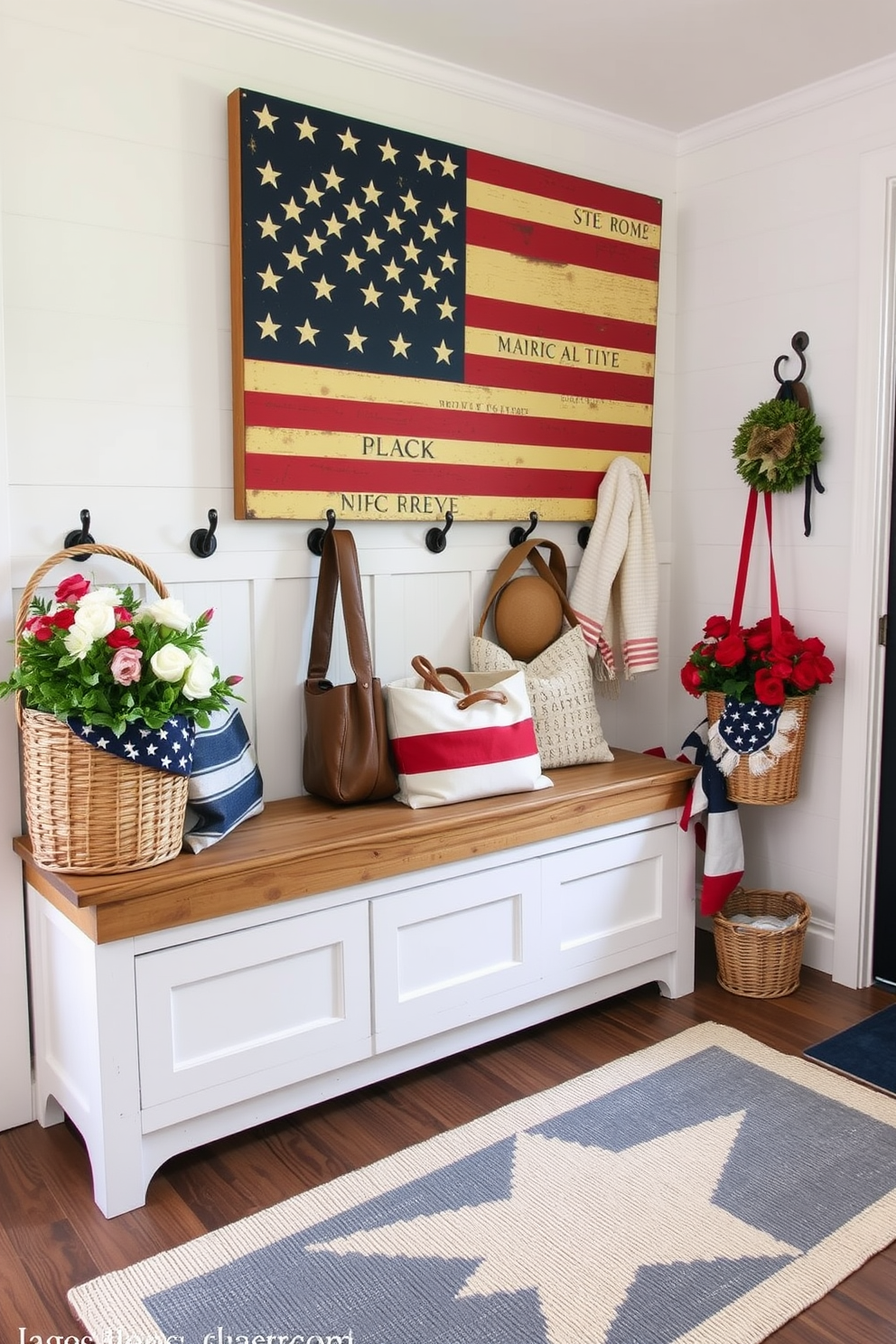 A vintage American flag wall art piece is prominently displayed in the mudroom, adding a patriotic touch to the space. The mudroom features a rustic bench with built-in storage, and the walls are adorned with hooks for hanging coats and bags. To celebrate Memorial Day, the mudroom is decorated with red white and blue accents, including a woven basket filled with seasonal flowers. A cozy area rug in a star pattern anchors the space, creating a warm and inviting atmosphere.