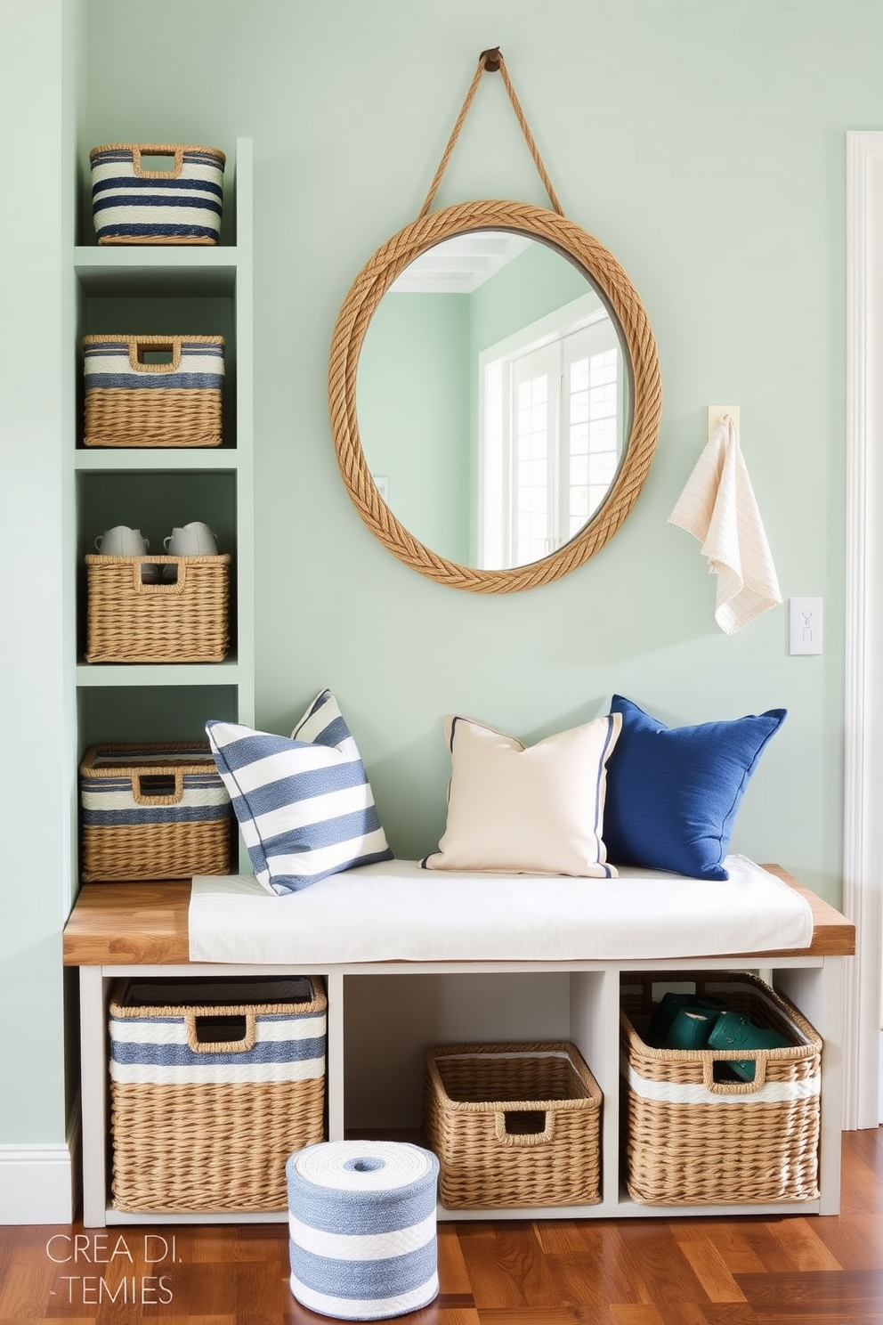 A cozy mudroom featuring nautical themed storage baskets made of natural fibers with blue and white striped patterns. The walls are painted in a soft seafoam green, and a rustic wooden bench sits against the wall, adorned with a few decorative throw pillows in coastal colors. The storage baskets are neatly arranged on open shelves, providing a functional yet stylish solution for organizing shoes and outdoor gear. A large round mirror with a rope frame hangs above the bench, reflecting the inviting ambiance of the space.