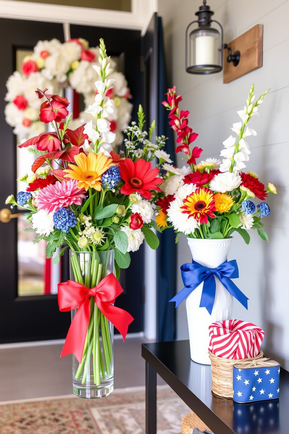 Decorative lanterns with candles inside create a warm and inviting atmosphere in the mudroom. The lanterns can be placed on a wooden bench alongside potted plants and seasonal decor to enhance the festive spirit of Memorial Day.