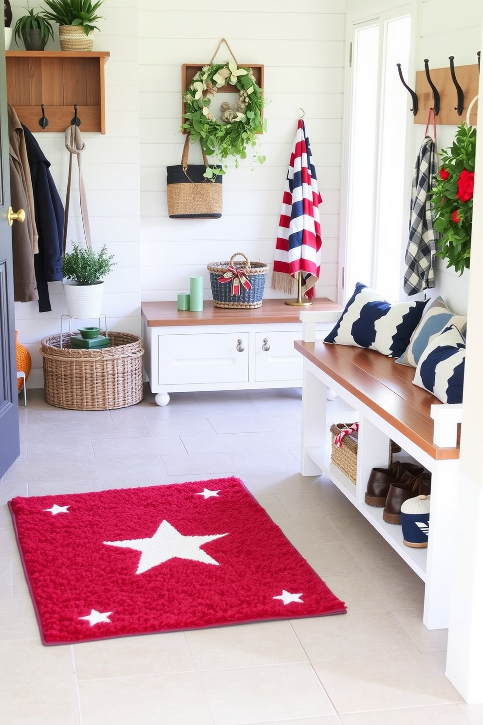 A cozy mudroom adorned with framed quotes about freedom and unity. The walls are painted in a soft gray hue, and a bench with built-in storage is positioned against one side, topped with decorative pillows. On the opposite wall, a series of framed quotes are displayed in an organized gallery style, each in a unique frame. The floor features a durable patterned rug, and hooks above the bench hold a variety of seasonal jackets and bags.