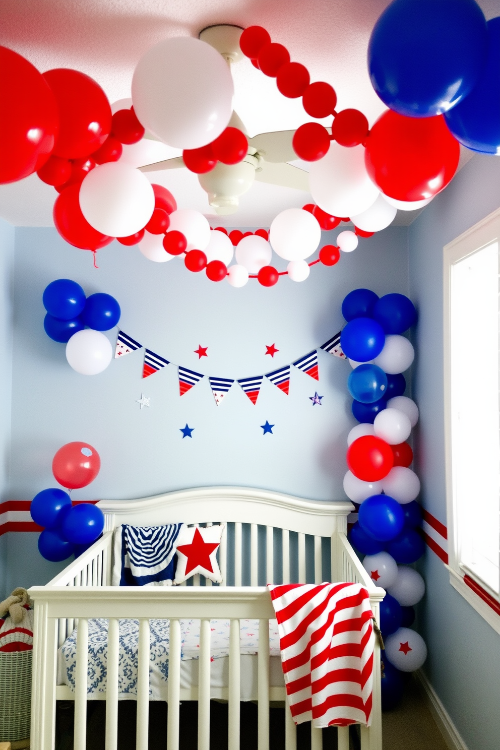 A festive nursery decorated for Memorial Day features a vibrant red white and blue balloon garland draping elegantly across the ceiling. The walls are adorned with playful stars and stripes, creating a cheerful and patriotic atmosphere for the little ones.