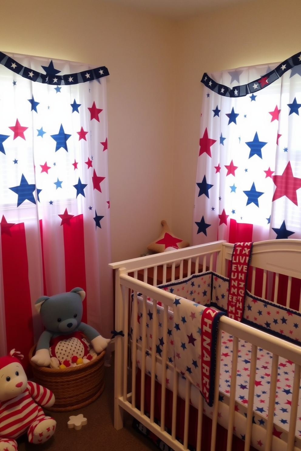 A cozy nursery featuring stars and stripes themed curtains in red, white, and blue. The room is adorned with soft, plush toys and a crib with a matching bedding set, creating a festive and inviting atmosphere.