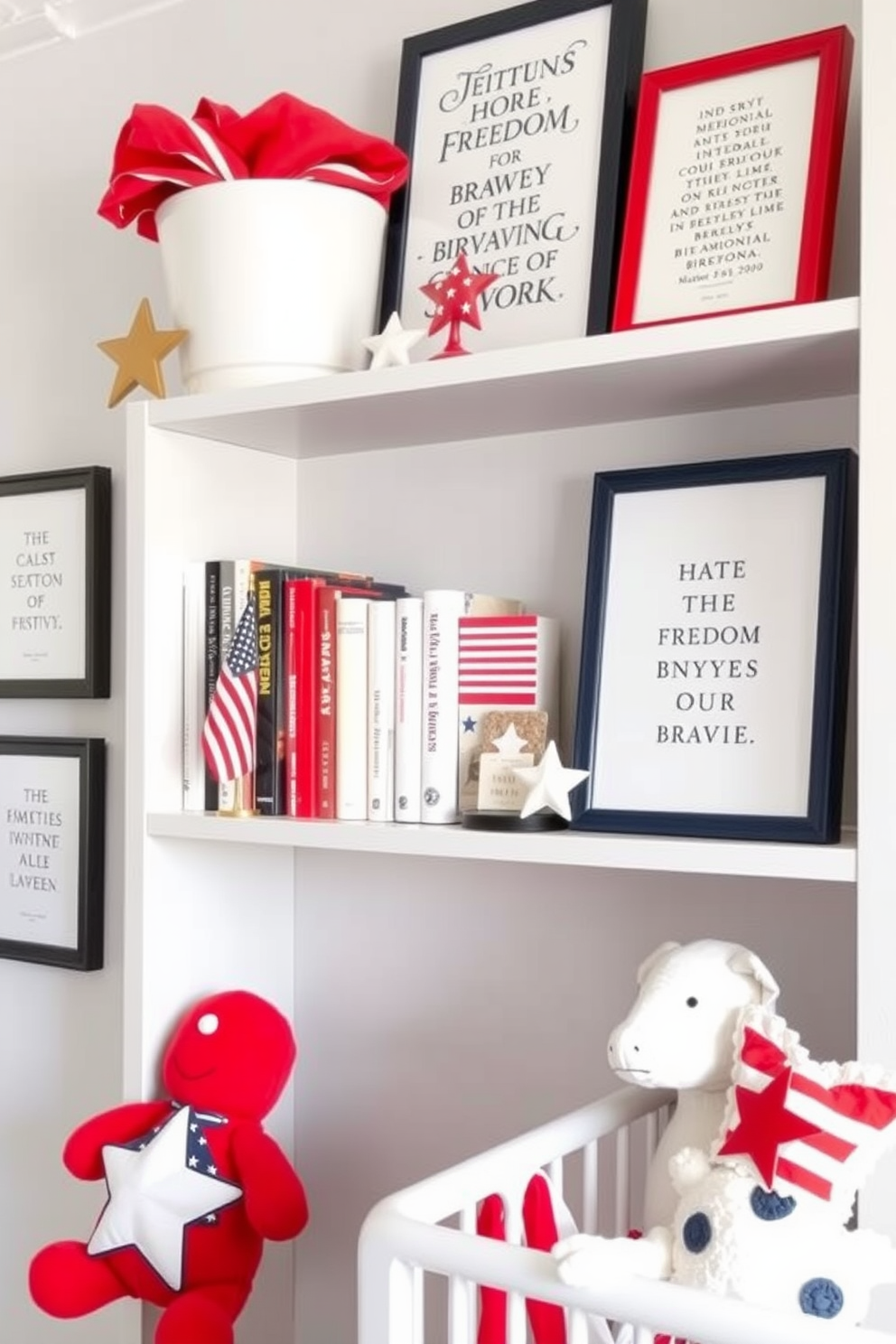 A patriotic themed bookshelf decor with red white and blue accents. The shelves are filled with books on American history alongside small flags and decorative stars. Memorial Day nursery decorating ideas featuring soft pastel colors and subtle patriotic elements. There are framed quotes about freedom and bravery on the walls alongside plush toys in red white and blue.