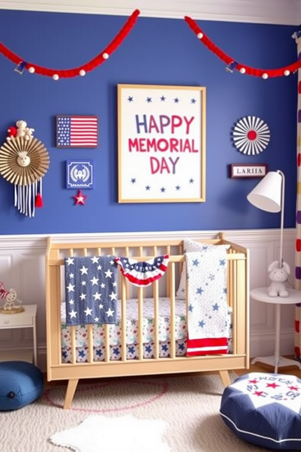 Create a vibrant nursery space featuring red white and blue wall art that celebrates Memorial Day. The room should include playful decorations and soft furnishings that enhance the patriotic theme while ensuring a cozy atmosphere for children.