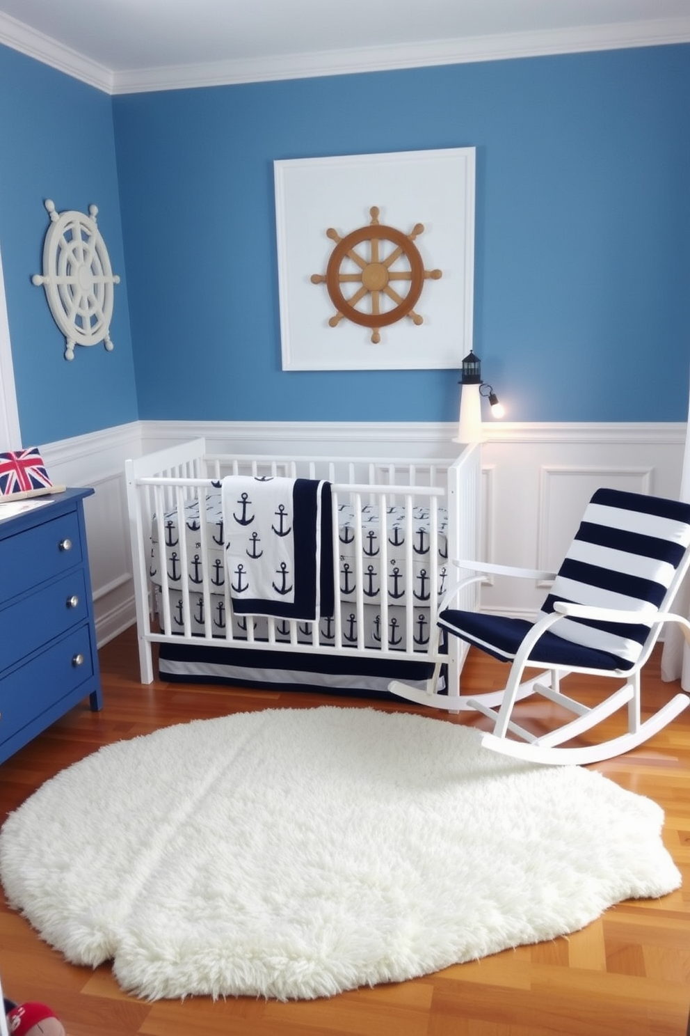 A charming nautical themed nursery with soft blue walls and white wainscoting. The room features an anchor-patterned crib bedding set and a plush whale-shaped rug on the hardwood floor. Decorative elements include a ship wheel wall art and a lighthouse nightlight on the dresser. A cozy rocking chair with navy striped cushions sits in the corner, creating a welcoming reading nook.