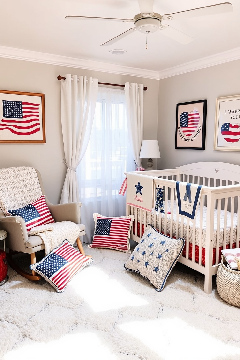 Cushions adorned with patriotic patterns in a cozy nursery setting create a warm and inviting atmosphere. The room features a soft pastel color palette, complemented by a plush area rug and tasteful wall art celebrating national pride. Decorative elements include a rocking chair draped with a knitted blanket and a crib surrounded by cheerful, thematic accessories. Natural light floods the space through sheer curtains, enhancing the overall sense of comfort and joy.