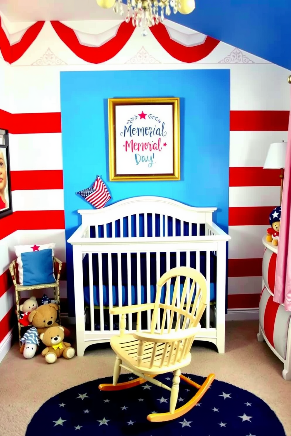 A vibrant craft station for Memorial Day projects. The table is adorned with red white and blue decorations along with various crafting supplies like scissors ribbons and glue. A charming nursery decorated for Memorial Day. Soft pastel colors blend with patriotic accents such as small flags and themed artwork creating a festive yet soothing environment.