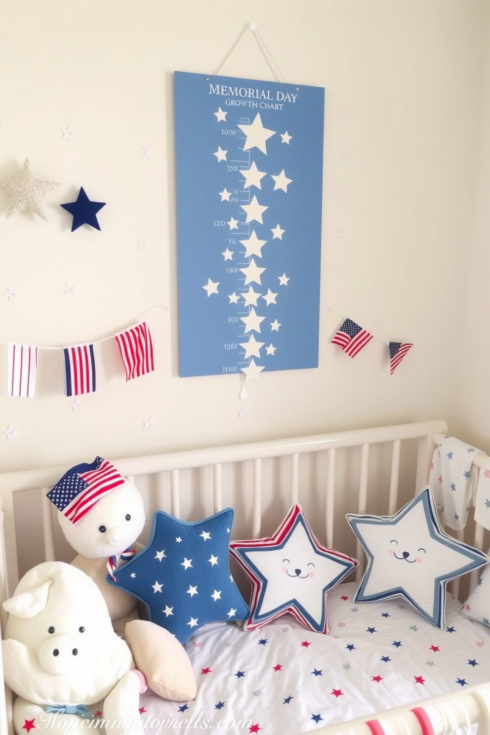 A themed growth chart featuring whimsical stars hangs on the wall, adding a playful touch to the nursery. The chart is designed in soft pastel colors, creating a calming atmosphere perfect for a child's room. Decorative elements inspired by Memorial Day are incorporated throughout the space, with subtle red, white, and blue accents. Plush toys and bedding featuring stars and stripes enhance the patriotic theme while ensuring comfort and style.