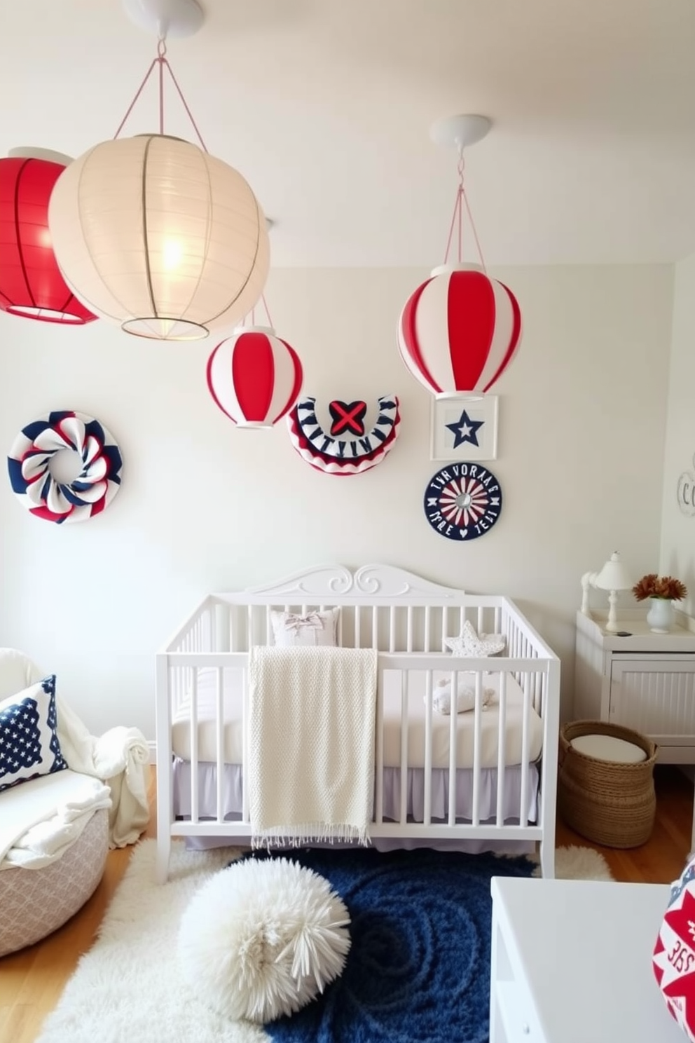 A charming nursery decorated for Memorial Day features decorative lanterns in red, white, and blue hues hanging from the ceiling. Soft pastel-colored walls create a warm and inviting atmosphere, while plush rugs and cozy blankets add comfort to the space.