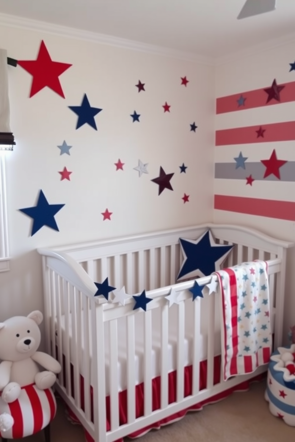 A charming nursery decorated for Memorial Day features a soft pastel color palette with red, white, and blue accents. A star garland is draped across the crib, adding a festive touch while maintaining a serene atmosphere. The walls are adorned with whimsical star and stripe patterns, creating a playful yet patriotic vibe. Plush toys and cozy blankets in complementary colors are thoughtfully arranged to enhance the inviting space.