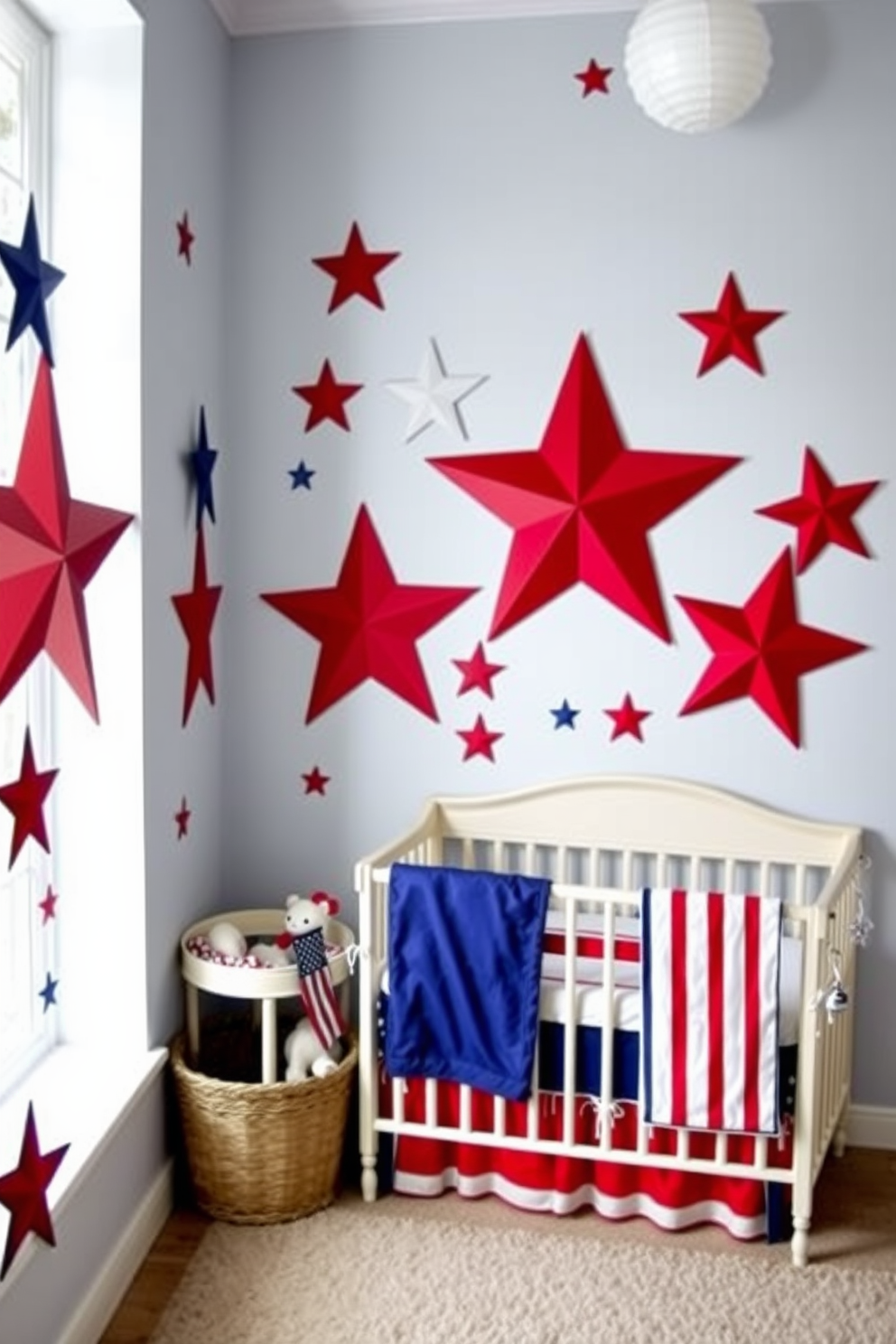 A nursery decorated with patriotic star wall decals in red white and blue. The walls are adorned with large star decals creating a festive and cheerful atmosphere perfect for Memorial Day celebrations.