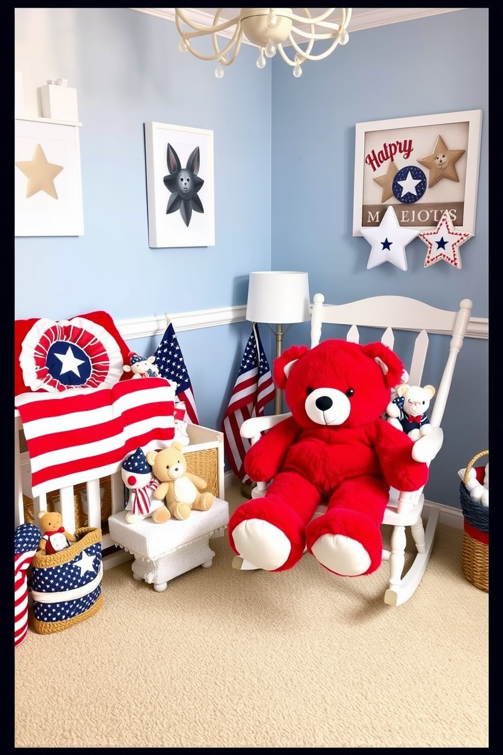 Create a cozy nursery decorated with patriotic themed stuffed animals to celebrate Memorial Day. The room features a soft blue color palette with white accents, and a large plush red, white, and blue teddy bear sits on a rocking chair in the corner.