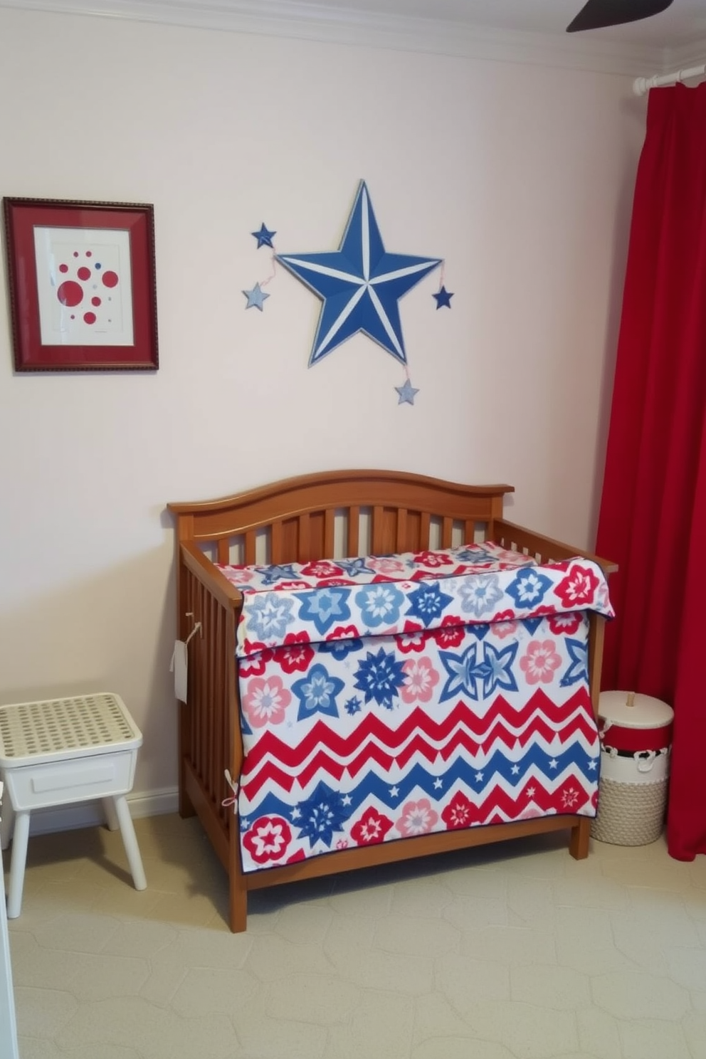 A charming nursery decorated for Memorial Day features a changing pad cover in vibrant red, white, and blue patterns. The walls are painted in a soft pastel shade, and playful star and stripe accents create a festive atmosphere.